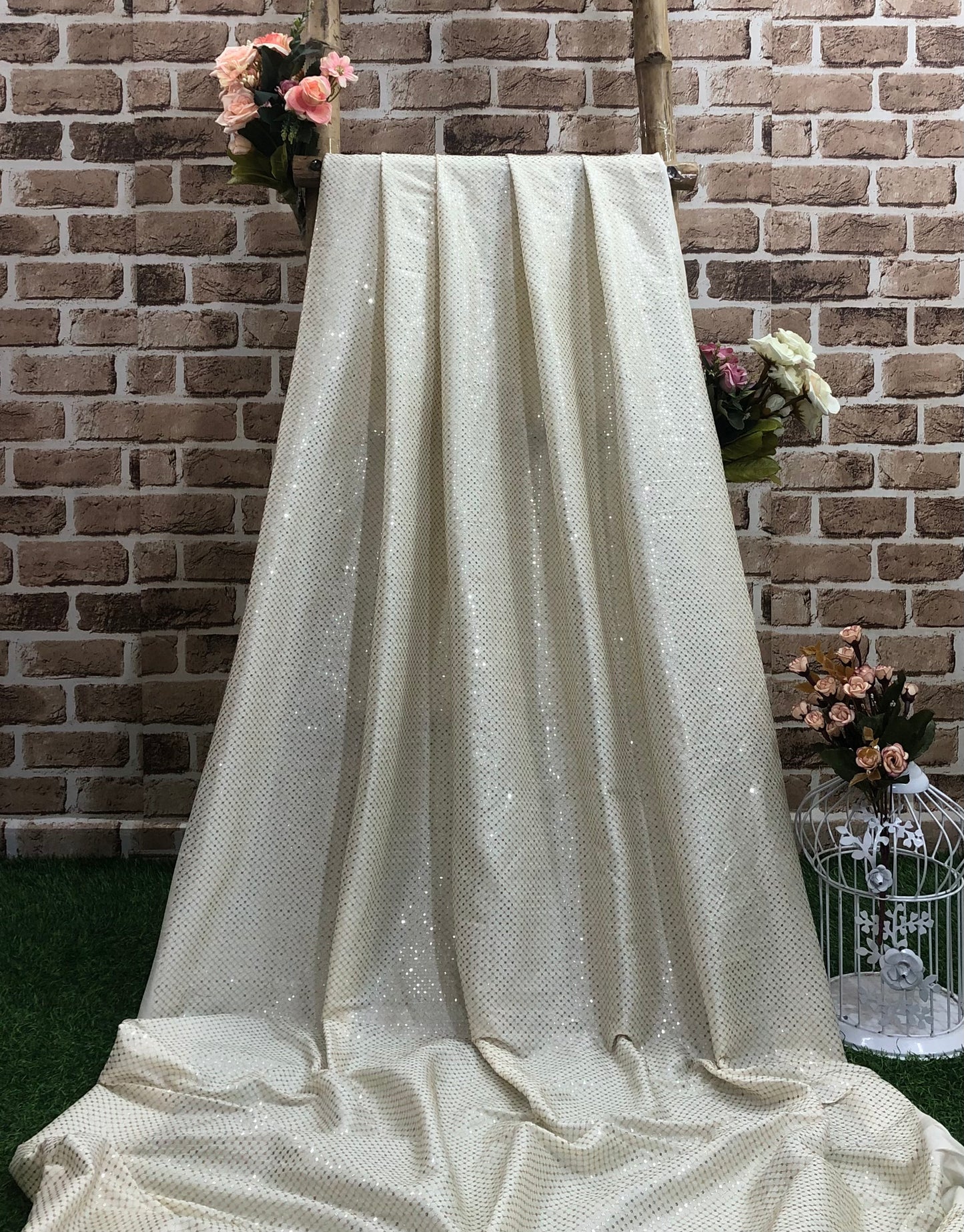 Off white Viscose Silk Fabric, Gold Embroidery, Wedding Dress Fabric, Multiple lengths will come in the continuous piece - NF925