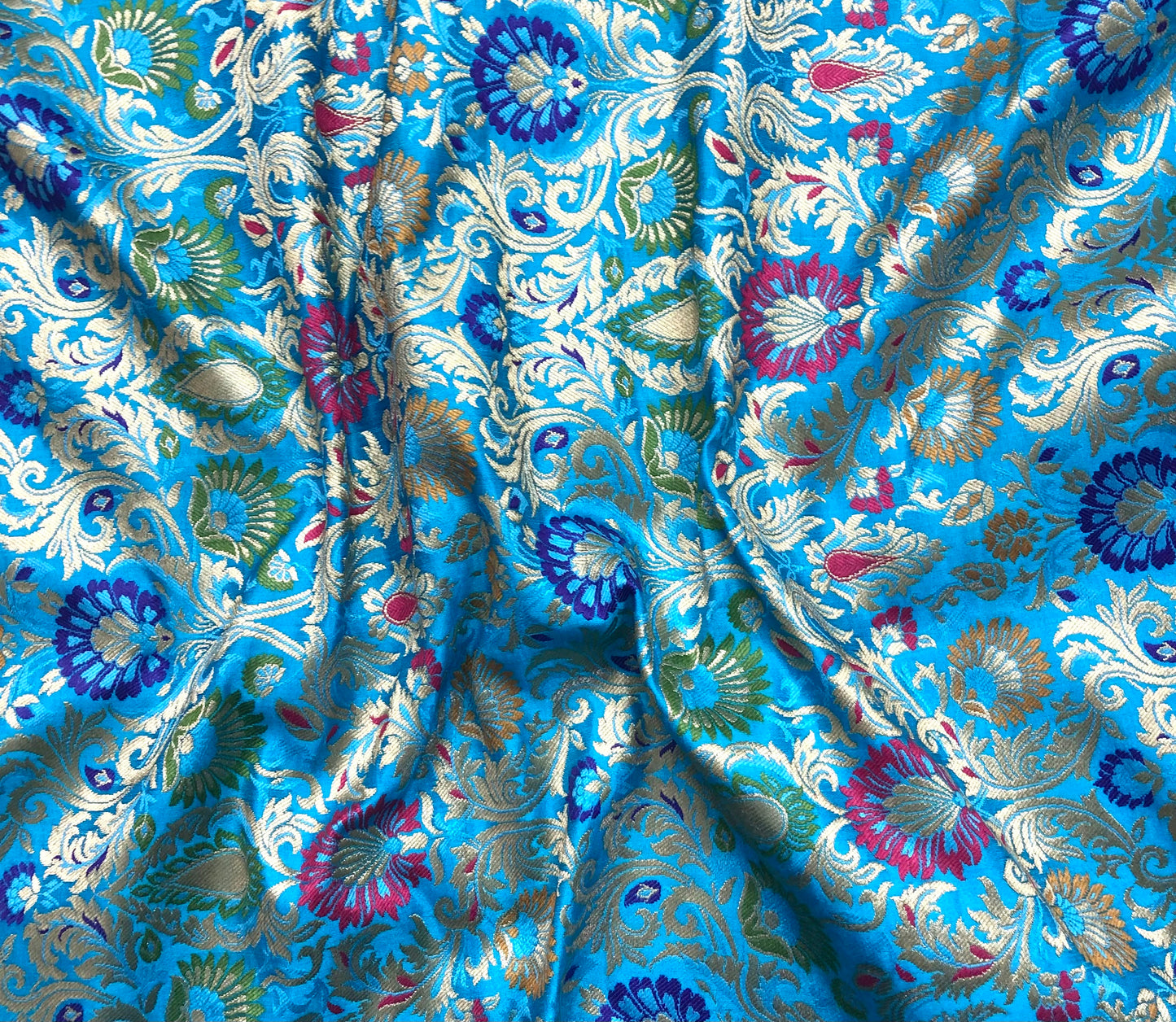 Indian Banarasi Brocade fabric in Blue and Gold color, Multiple lengths will come in the continuous piece - NF613