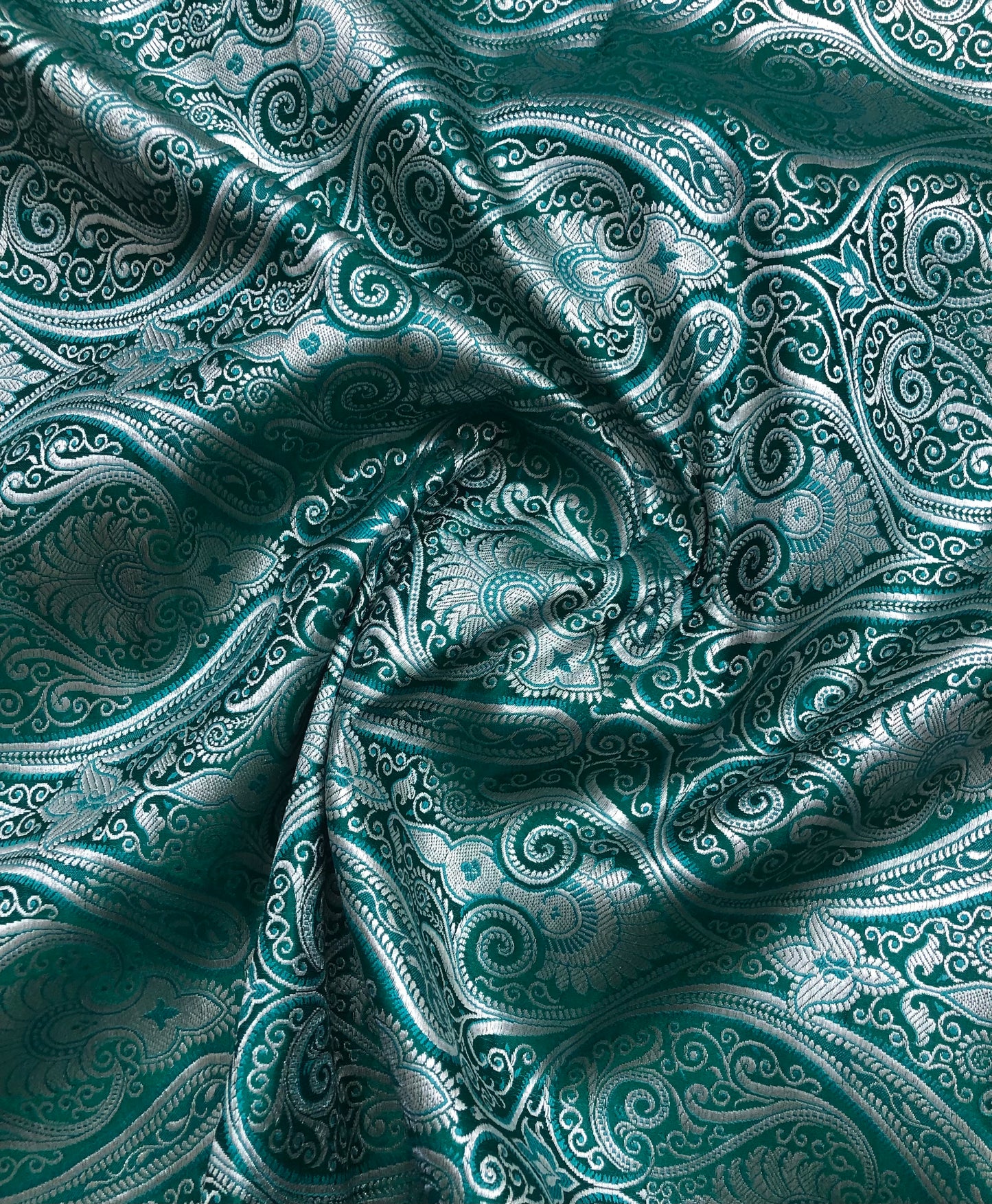 Indian Banarasi Brocade fabric in Green and Silver color, Multiple lengths will come in the continuous Piece - NF458