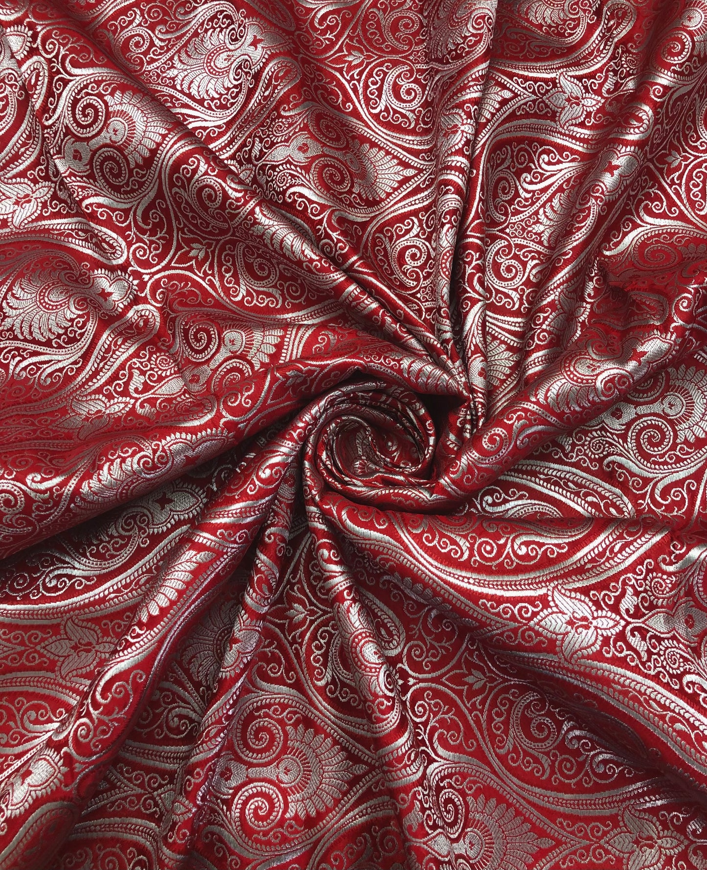 Indian Banarasi Brocade Fabric in Red and Silver color, Multiple lengths will come in the continuous piece - NF399