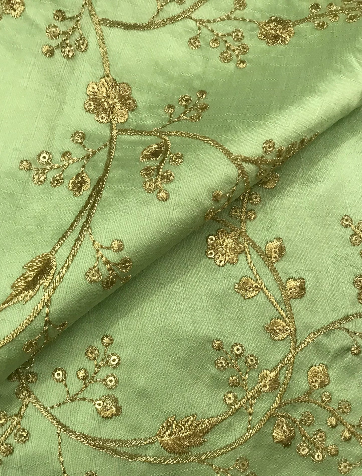 Indian Embroidered Fabric in Green and Gold Color,  Multiple lengths will come in a continuous piece - NF472