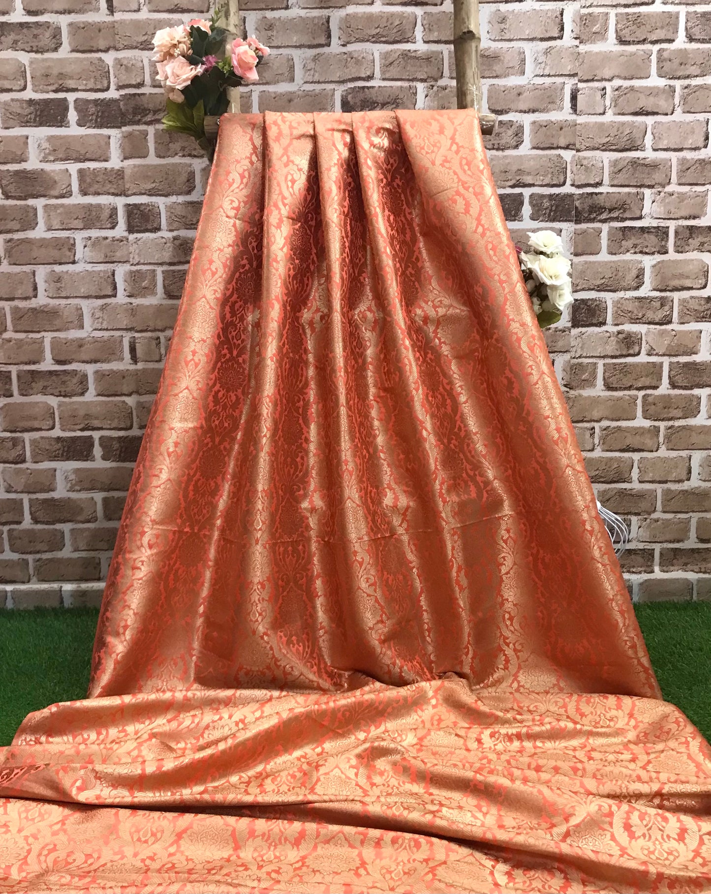 Indian Banarasi Brocade Fabric in Orange Coral and Gold color, Multiple lengths will come in the continuous Piece - NF666