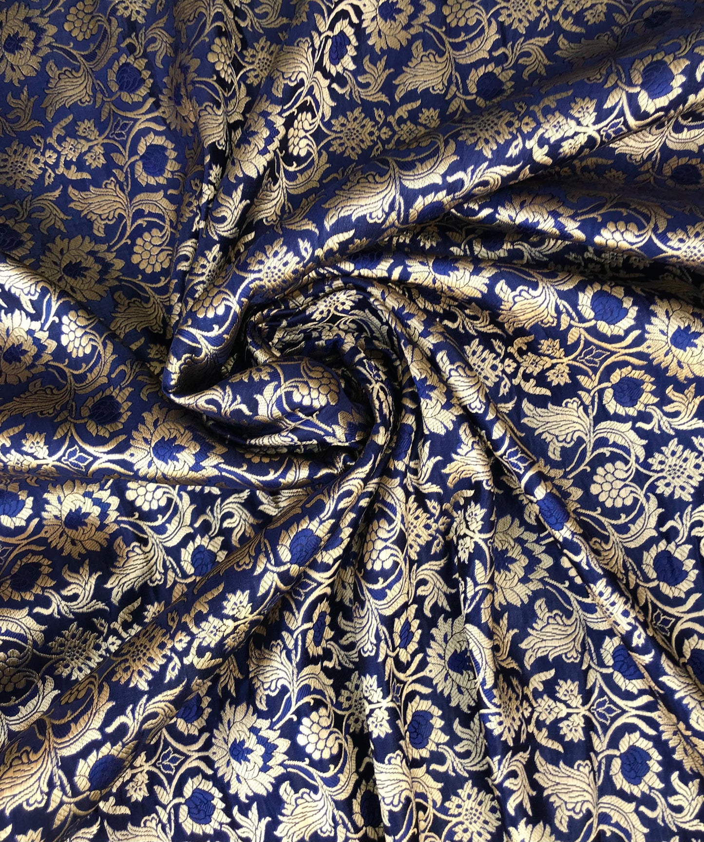 Indian Banarasi Brocade fabric in Navy Blue and Gold color, Multiple lengths will come in the continuous piece - NF635