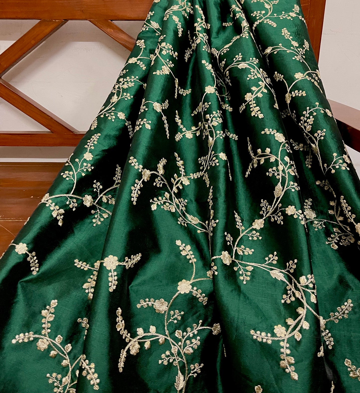 Indian Embroidered Fabric in Green and Gold color, Multiple lengths will come in a continuous piece - NF696