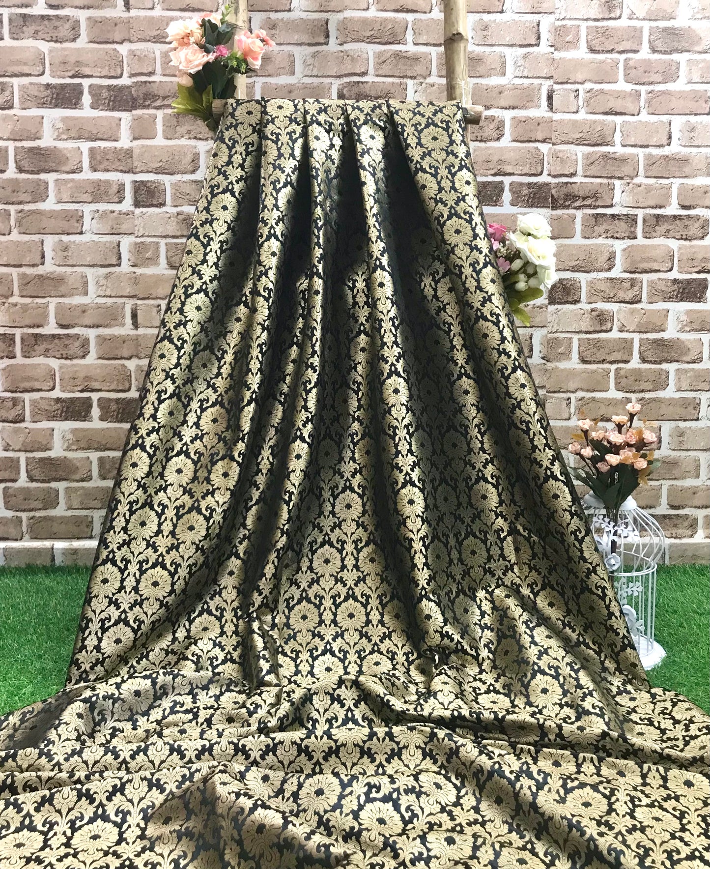 Indian Banarasi Brocade Fabric Black and Gold color, Multiple lengths will come in the continuous piece - NF632