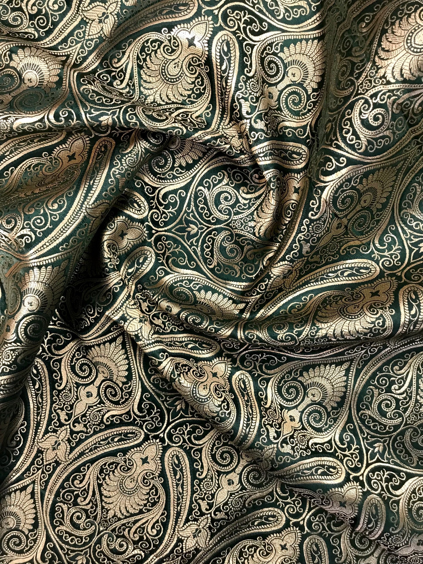 Indian Banarasi Brocade Fabric in Green and Gold color, Multiple lengths will come in the continuous piece - NF182