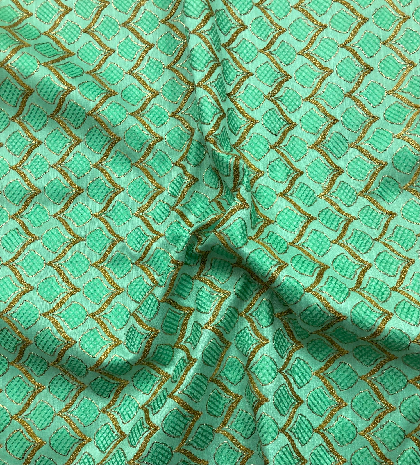 Indian Embroidered Fabric in Green color,  Multiple lengths will come in the continuous piece - NF836