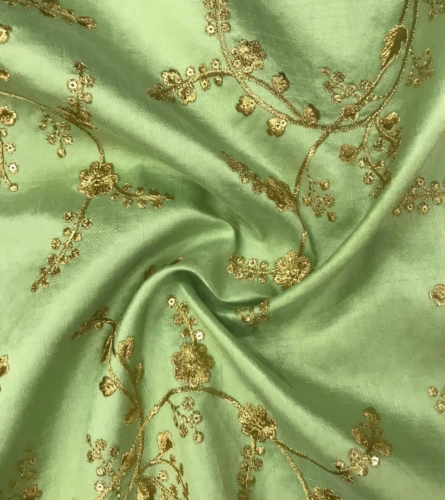 Indian Embroidered Fabric in Green and Gold Color,  Multiple lengths will come in a continuous piece - NF472