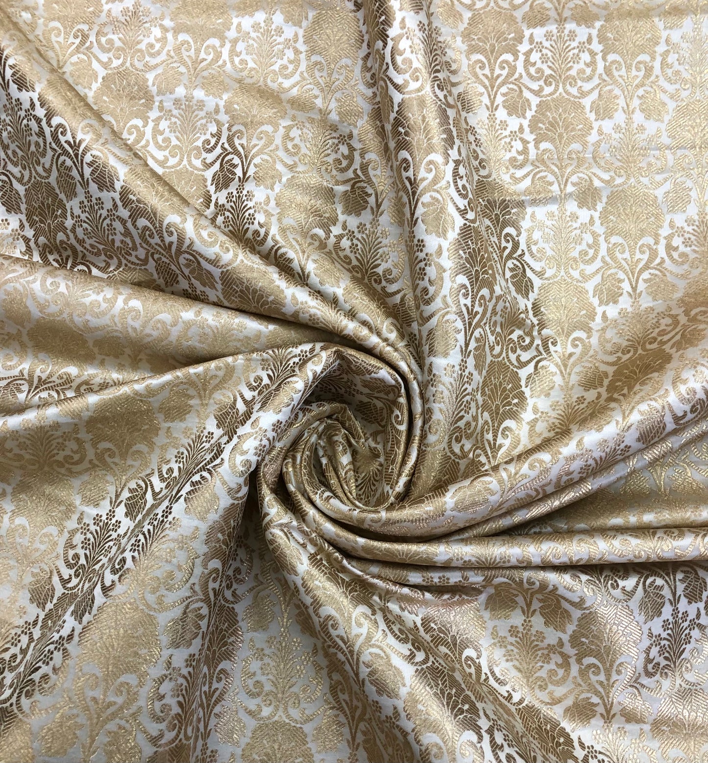 Indian Banarasi Brocade fabric in White and Gold color,  Multiple lengths will come in a continuous piece - NF568