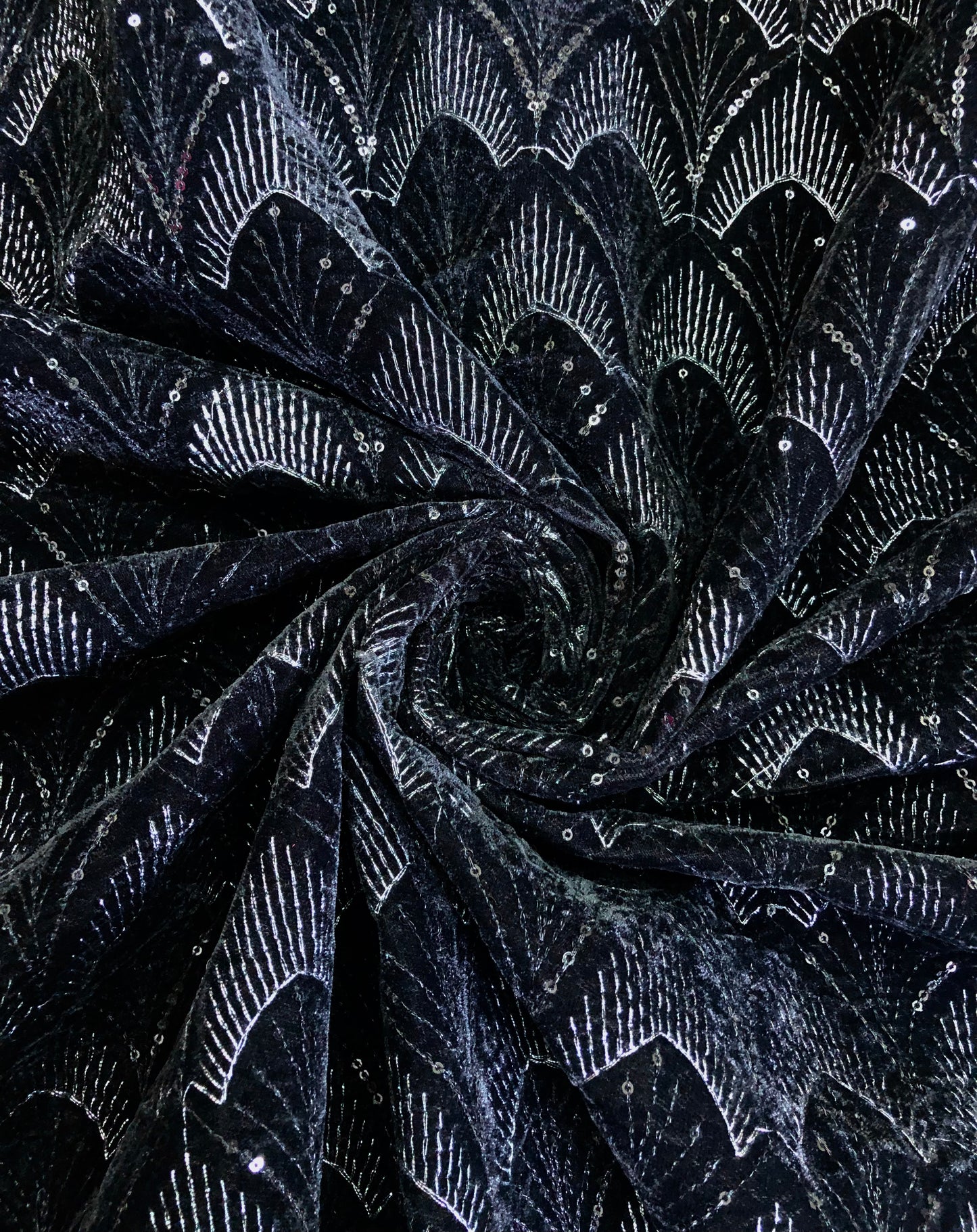 Black Sequins Embroidered Stretch Velvet Fabric, Dress Fabric, Multiple lengths will come in the continuous piece- VLTF1055