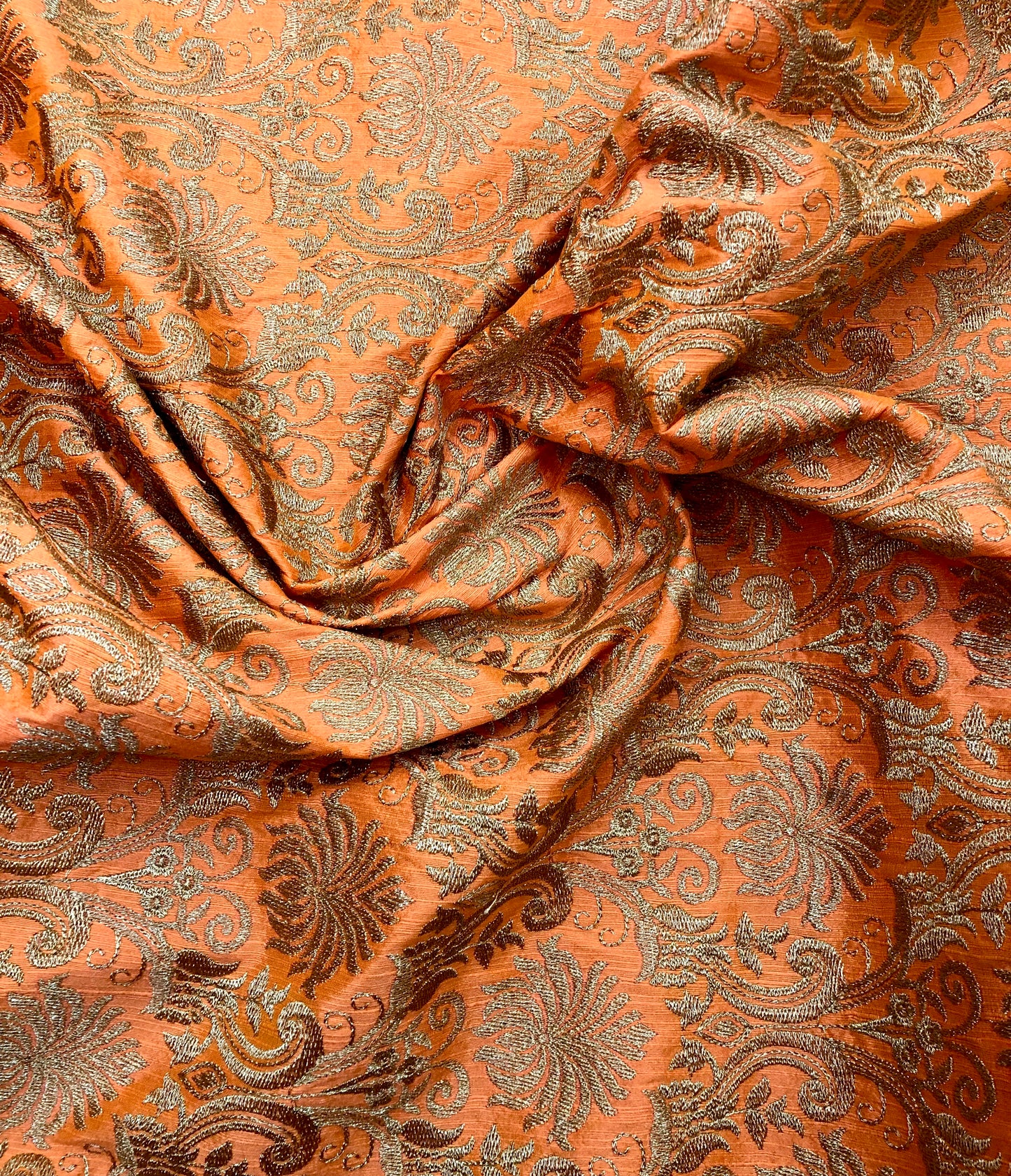 Orange embroidered fabric, Handmade, Indian fabric, Thread embroidery, Wedding dress, Bridesmaid dress, Medieval fabric, Gold flower - NFAF842