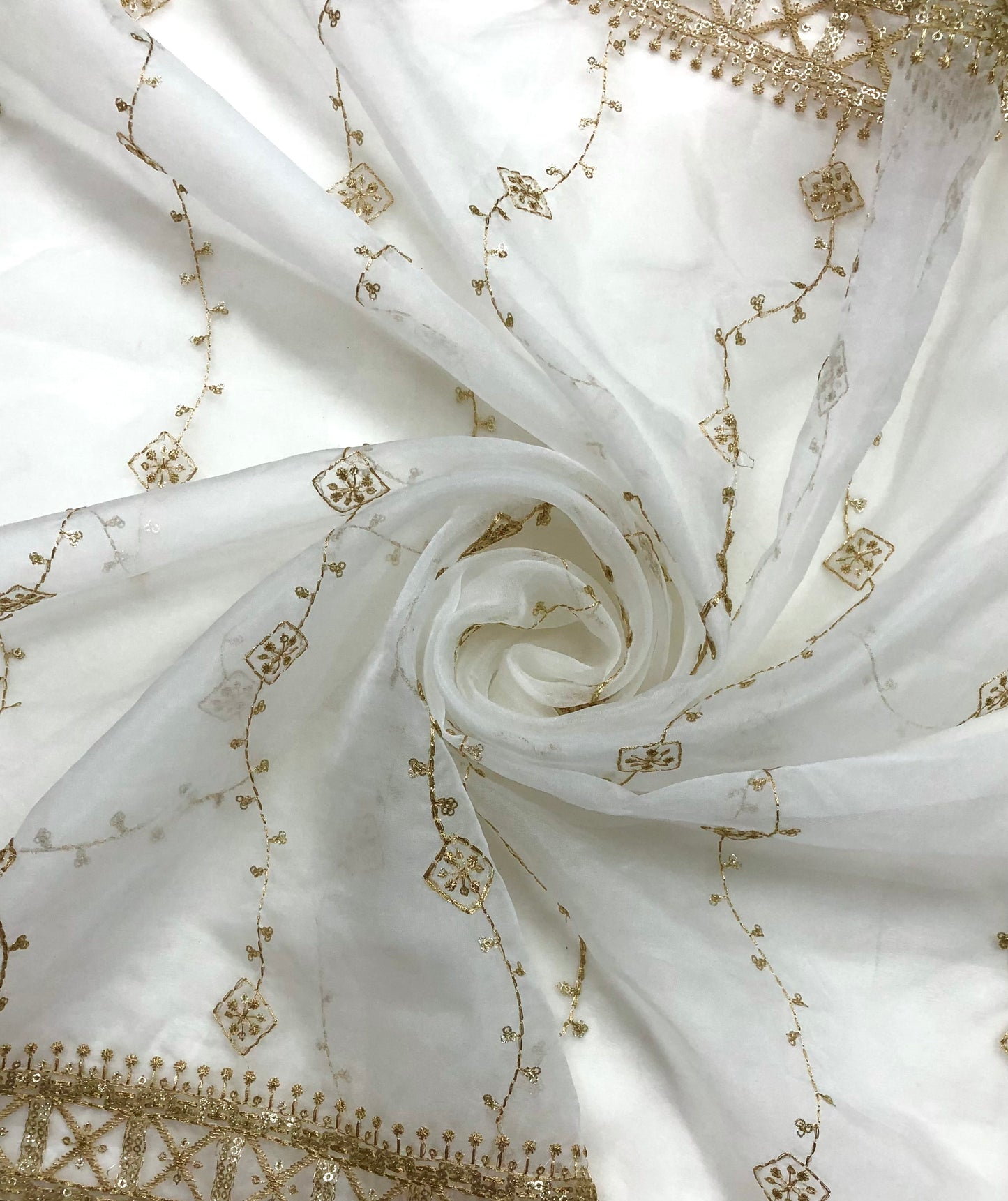 White & Gold Organza Dupatta and Sequins Embroidery, Indian Stole, Scarf for women, Bridal Wedding Fabric, Veil, DP13