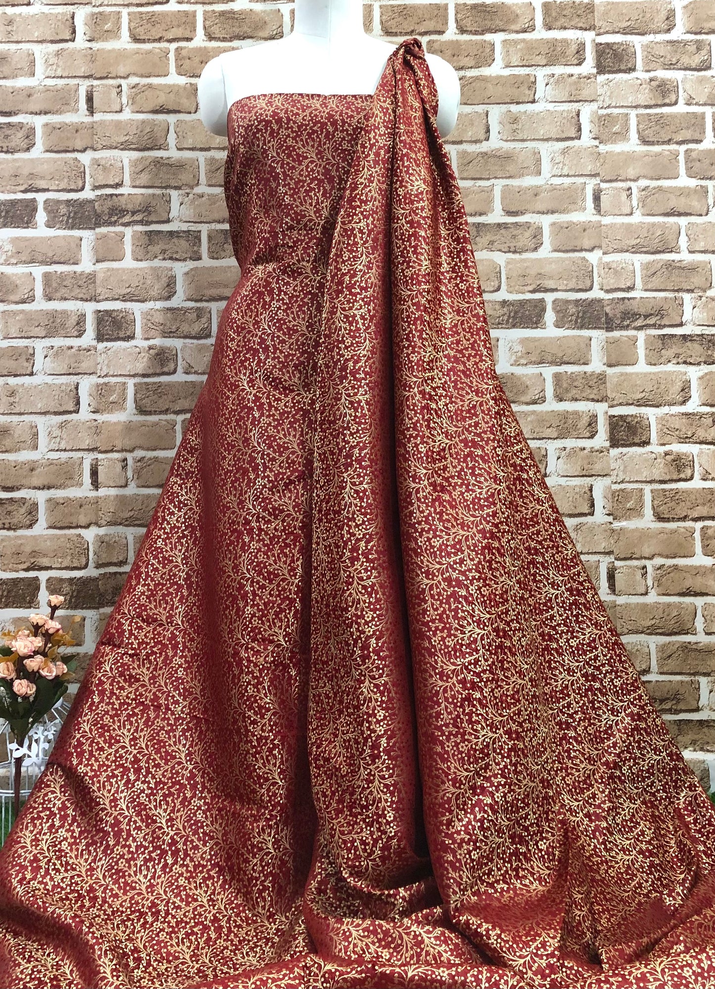 Indian Banarasi Brocade Fabric in Red and Gold Color, Multiple lengths will come in the continuous piece - NF194