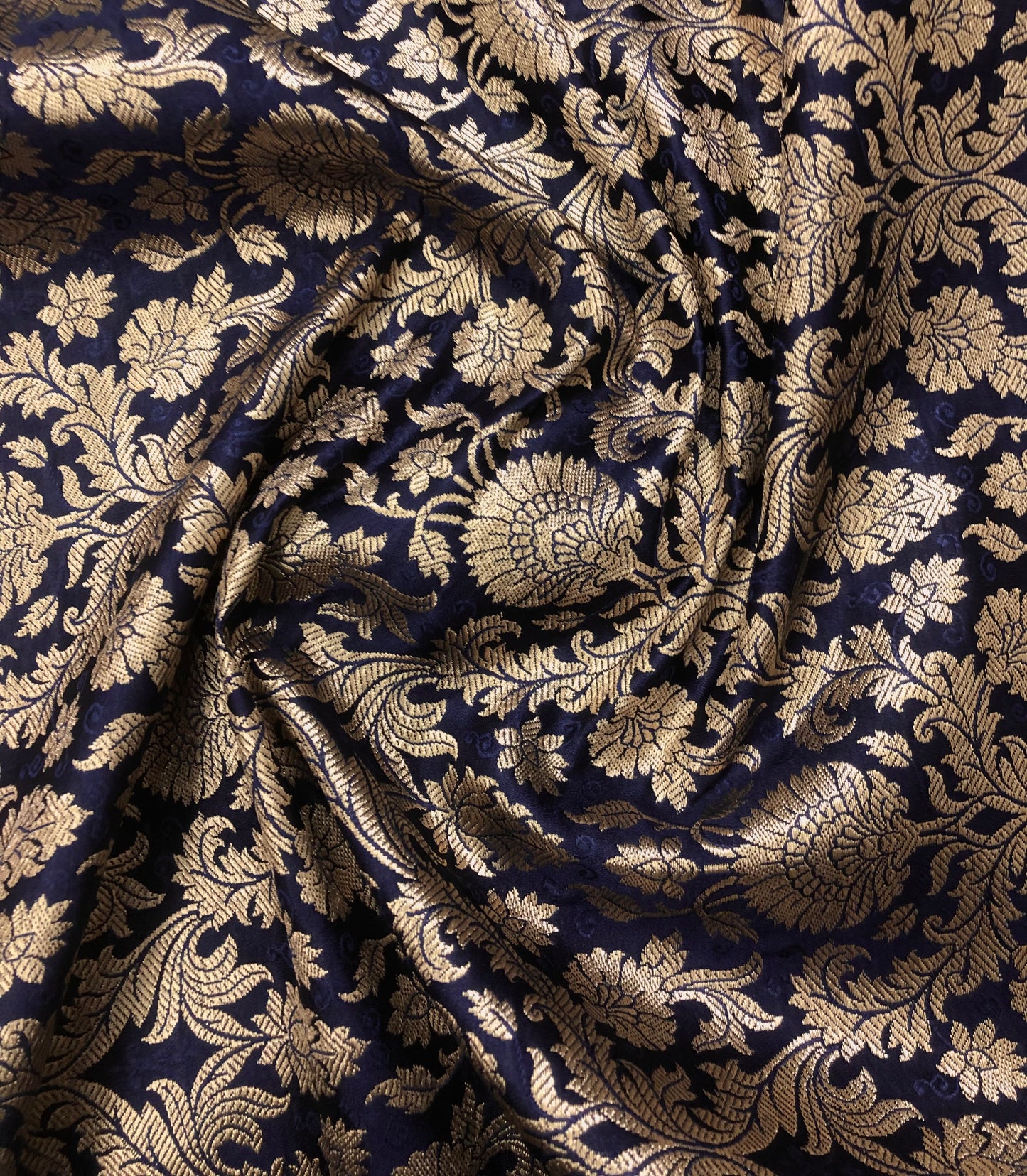 Indian Banarasi Brocade Fabric in Navy Blue and Gold color, Multiple Length will come in a continuous piece - NF443