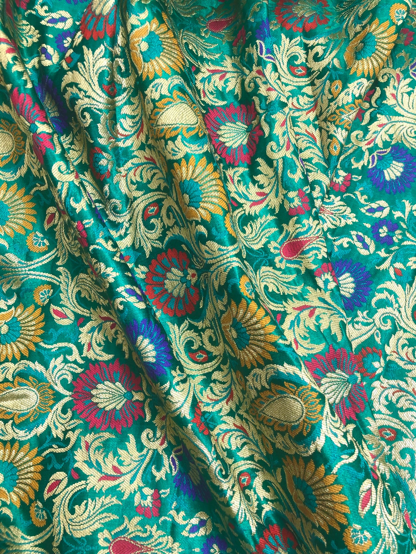 Indian Banarasi Brocade Fabric in Green and Gold color, Multiple lengths will come in the continuous Piece - NF599