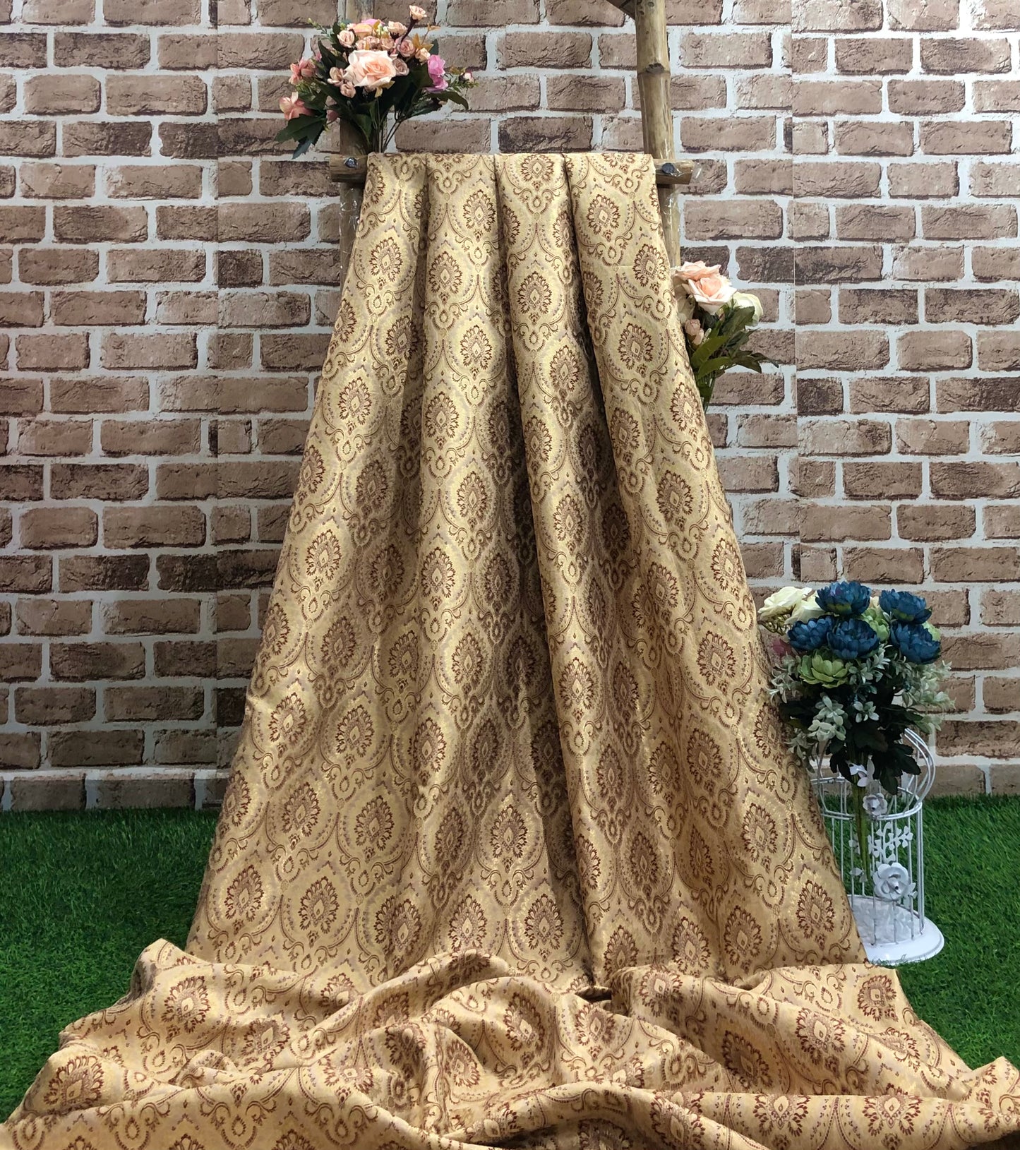 Banarasi Brocade fabric Beige and Gold Fabric, Wedding Brocade Fabric, Fabric Multiple yardage will come in the continuous length NF860