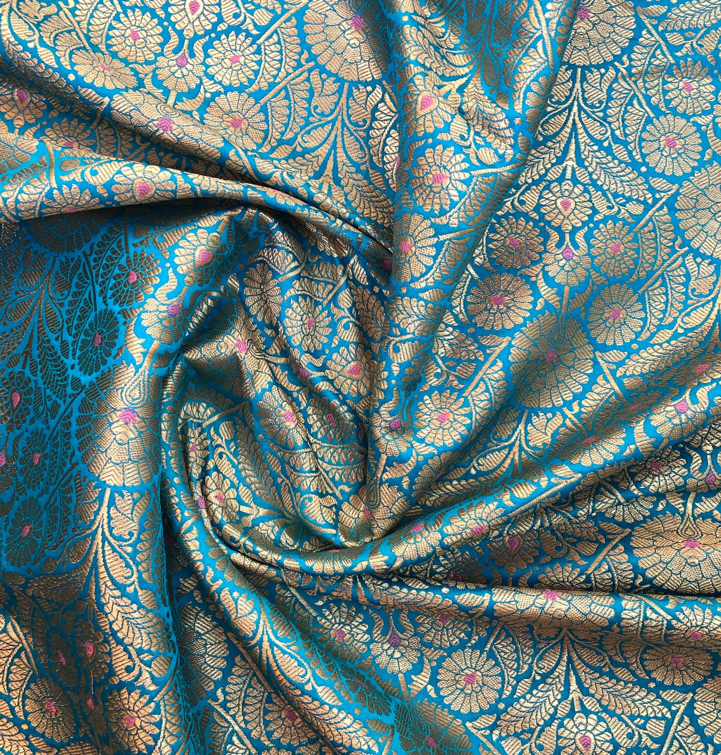 Indian Banarasi Brocade Fabric, Blue Gold Jacquard fabric, Floral brocade, Rayon silk brocade, Fabric by the yard/meter - NFAF1091