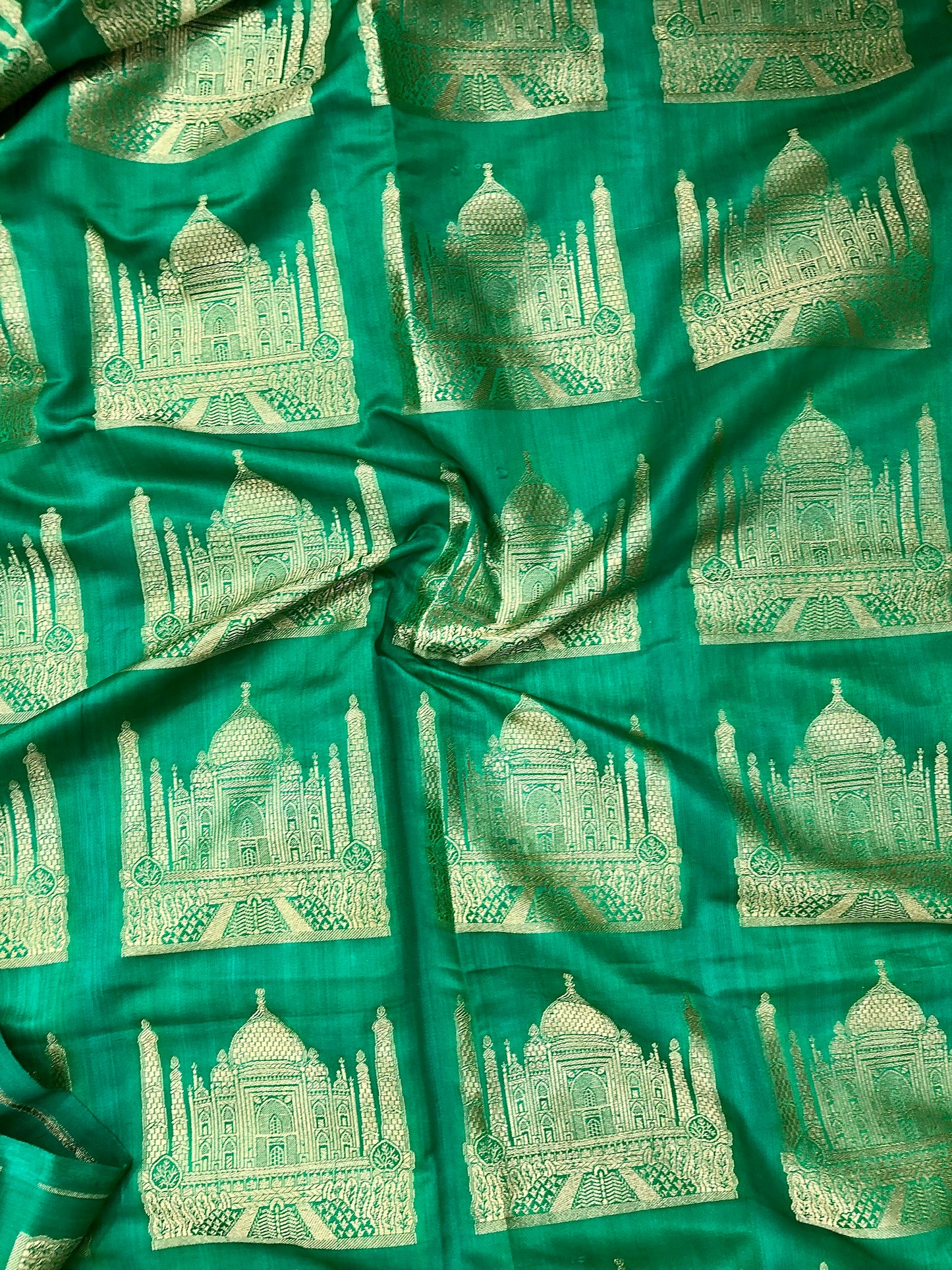 Indian Banarasi Brocade fabric in Green and Gold color, Multiple lengths will come in the continuous piece - NF75