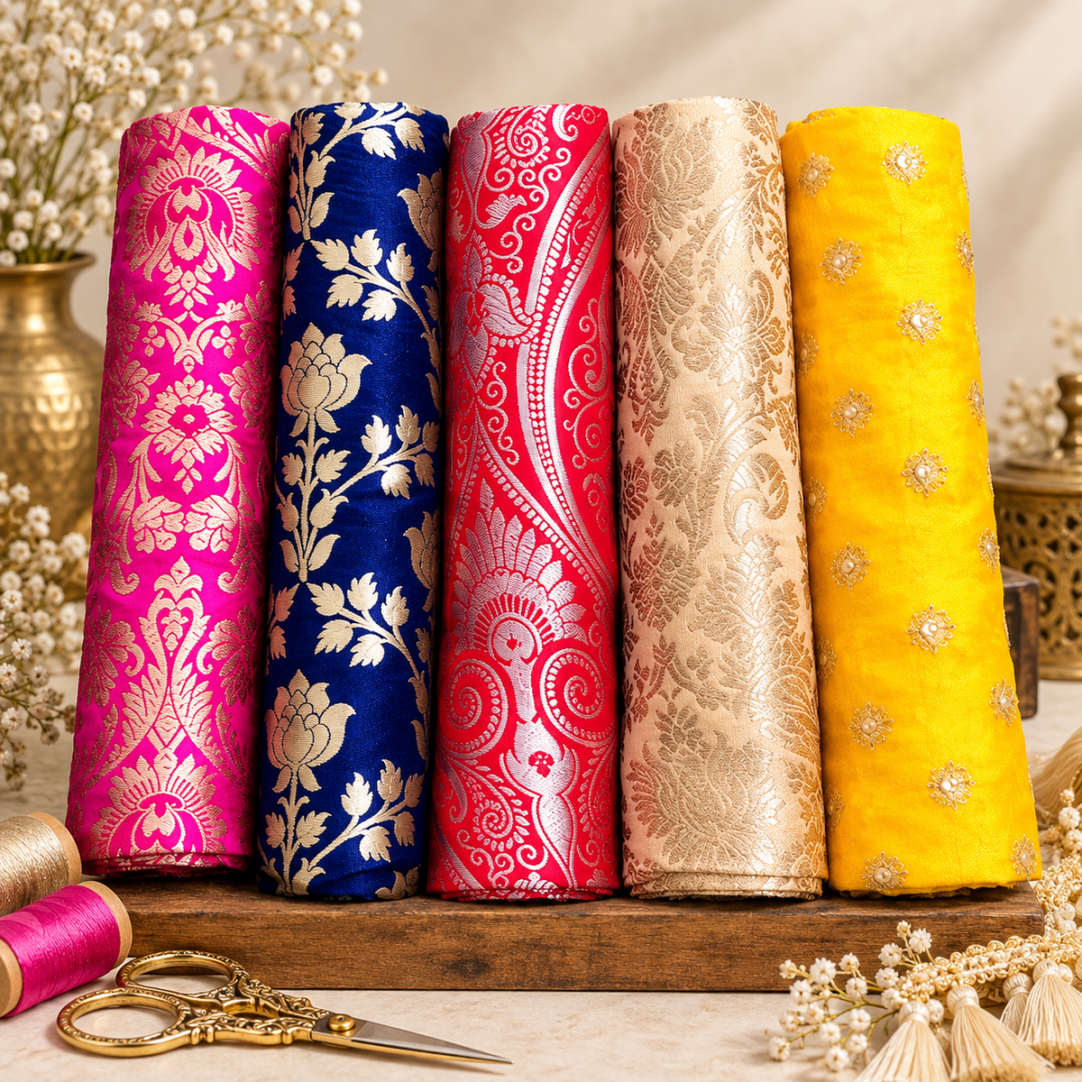 5 pcs Bundle Brocade Fabrics, assorted brocade fabric bundle, Banarasi fabric - NF02