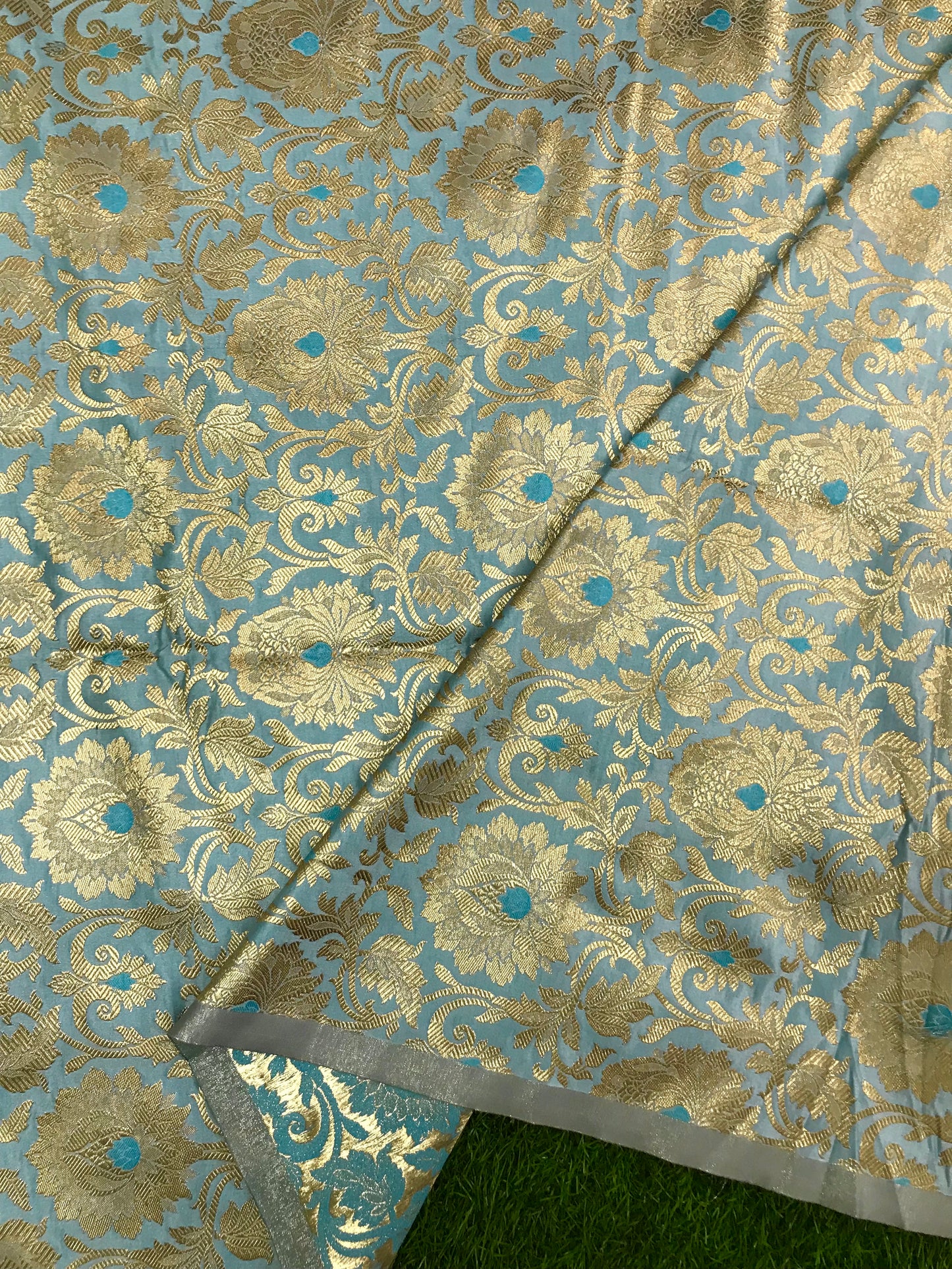 Indian Banarasi Brocade fabric in Grayish Blue and Gold color, Multiple lengths will come in the continuous piece - NF230