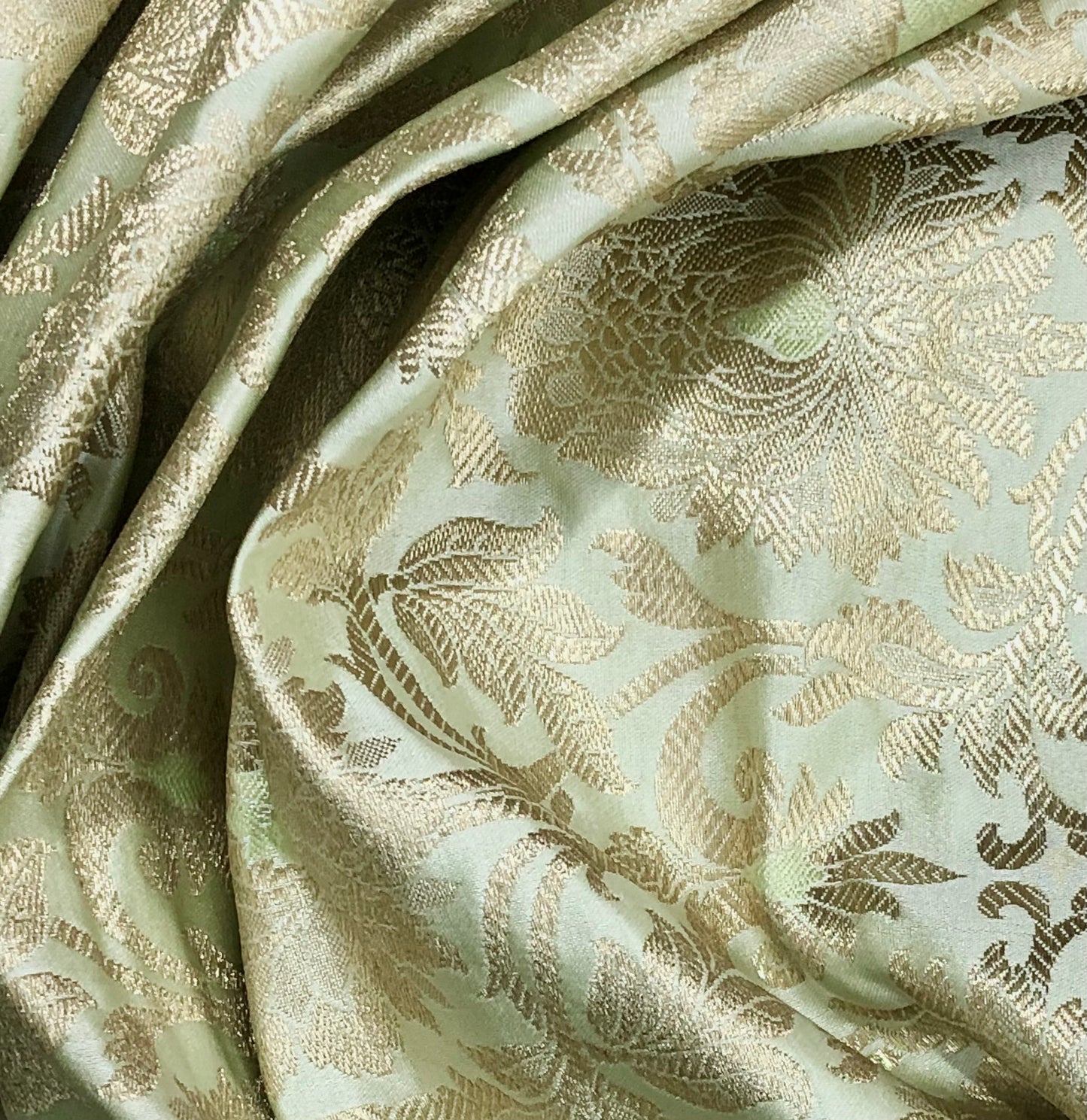 Indian Banarasi Brocade fabric in Sage Green and Gold color,  Multiple lengths will come in the continuous piece - NF2002