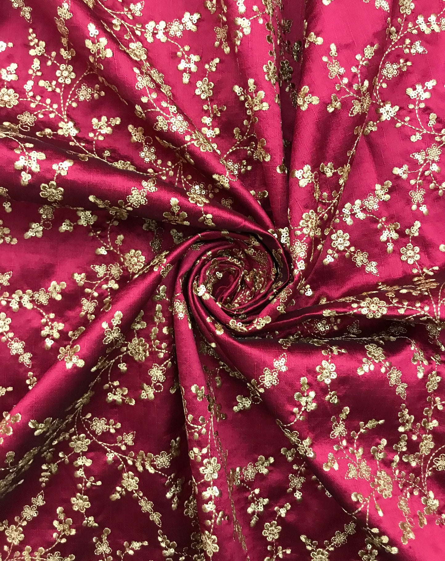 Indian Embroidered Fabric in Fuchsia Red and Gold color, Multiple lengths will come in the continuous piece - NF721