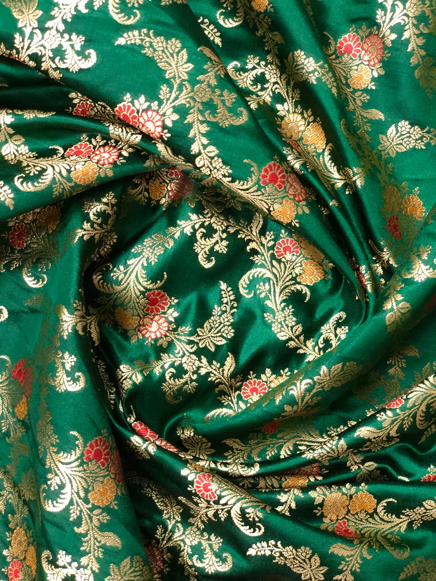 Indian Banarasi Brocade Fabric in Green and Gold color, Multiple lengths will come in the continuous piece - NF432