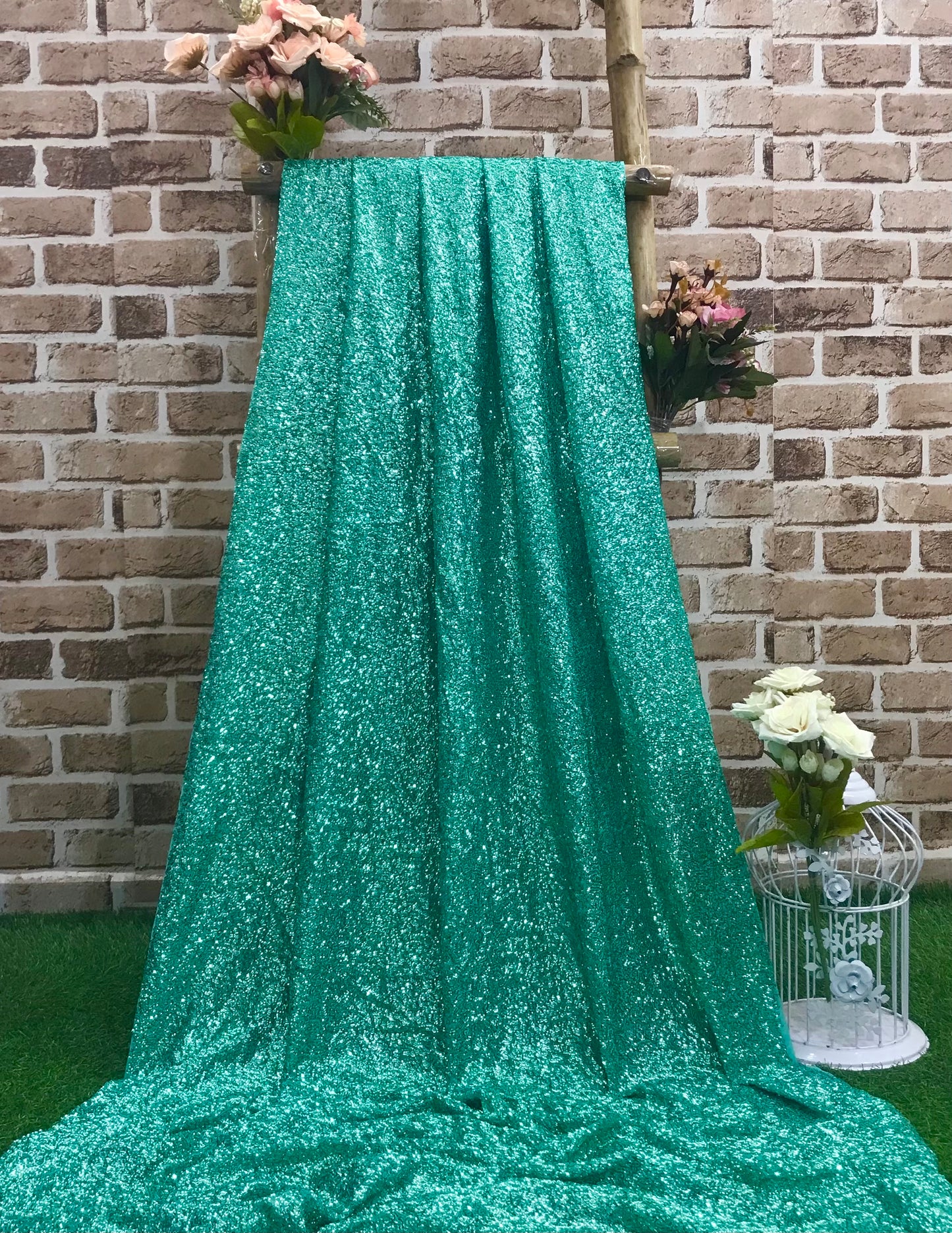 Embroidered Georgette Sequin Fabric in Tiffany color, Multiple lengths will come in the continuous piece -SQAF10