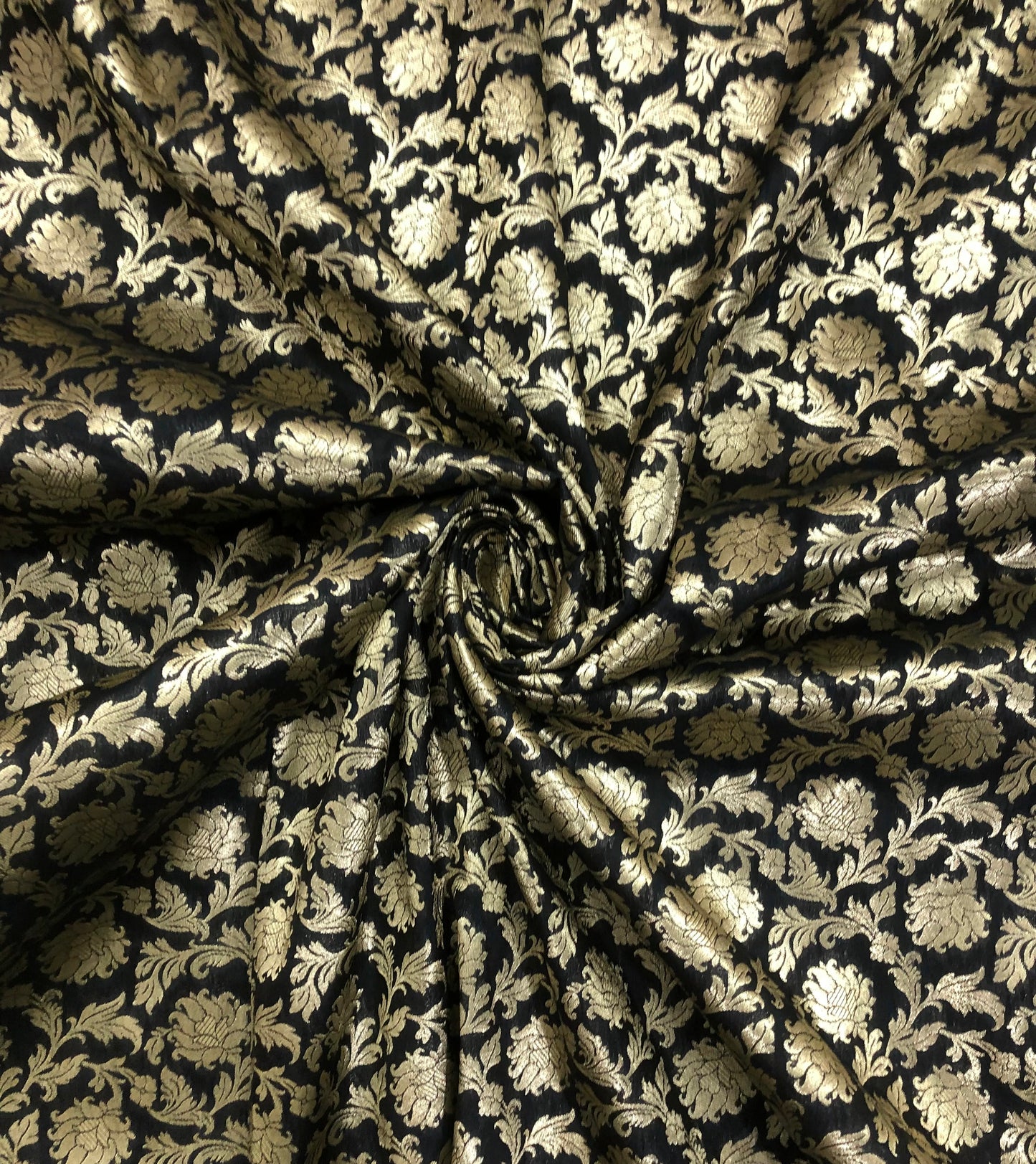 Indian Banarasi Brocade Fabric in Black and Gold Color, Multiple Length will come in a continuous Piece - NF184