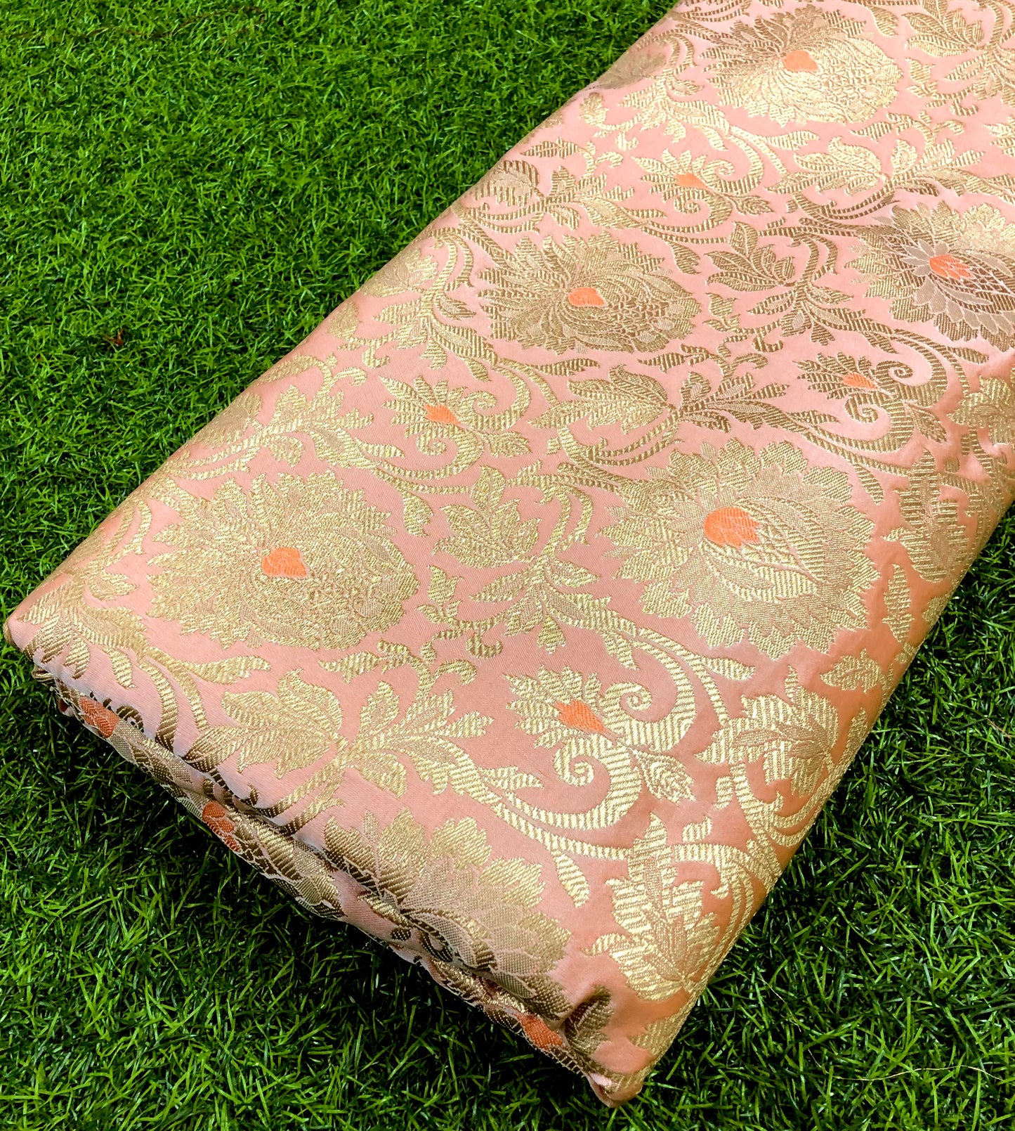 Indian Banarasi Brocade fabric in Peach and Gold color,  Multiple lengths will come in the continuous piece - NF895