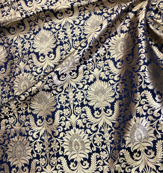 Banarasi Brocade Fabric, Navy Blue Gold Home décor fabric, Historical fabric, Rayon silk brocade, Gothic fabric, Vintage textile - NFAF577