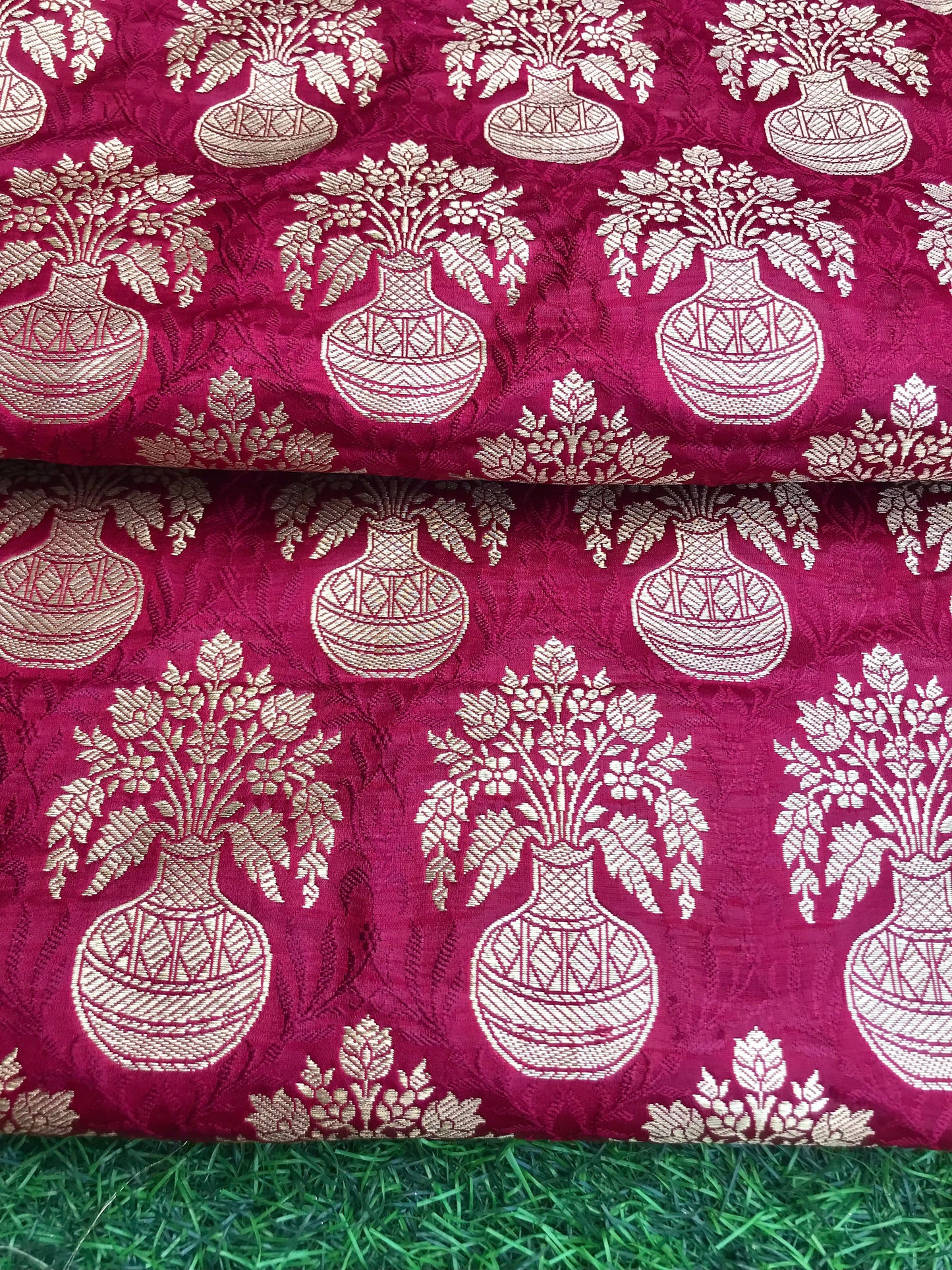 Indian Banarasi Brocade fabric in Red and Gold color, Multiple lengths will come in the continuous piece - NF437