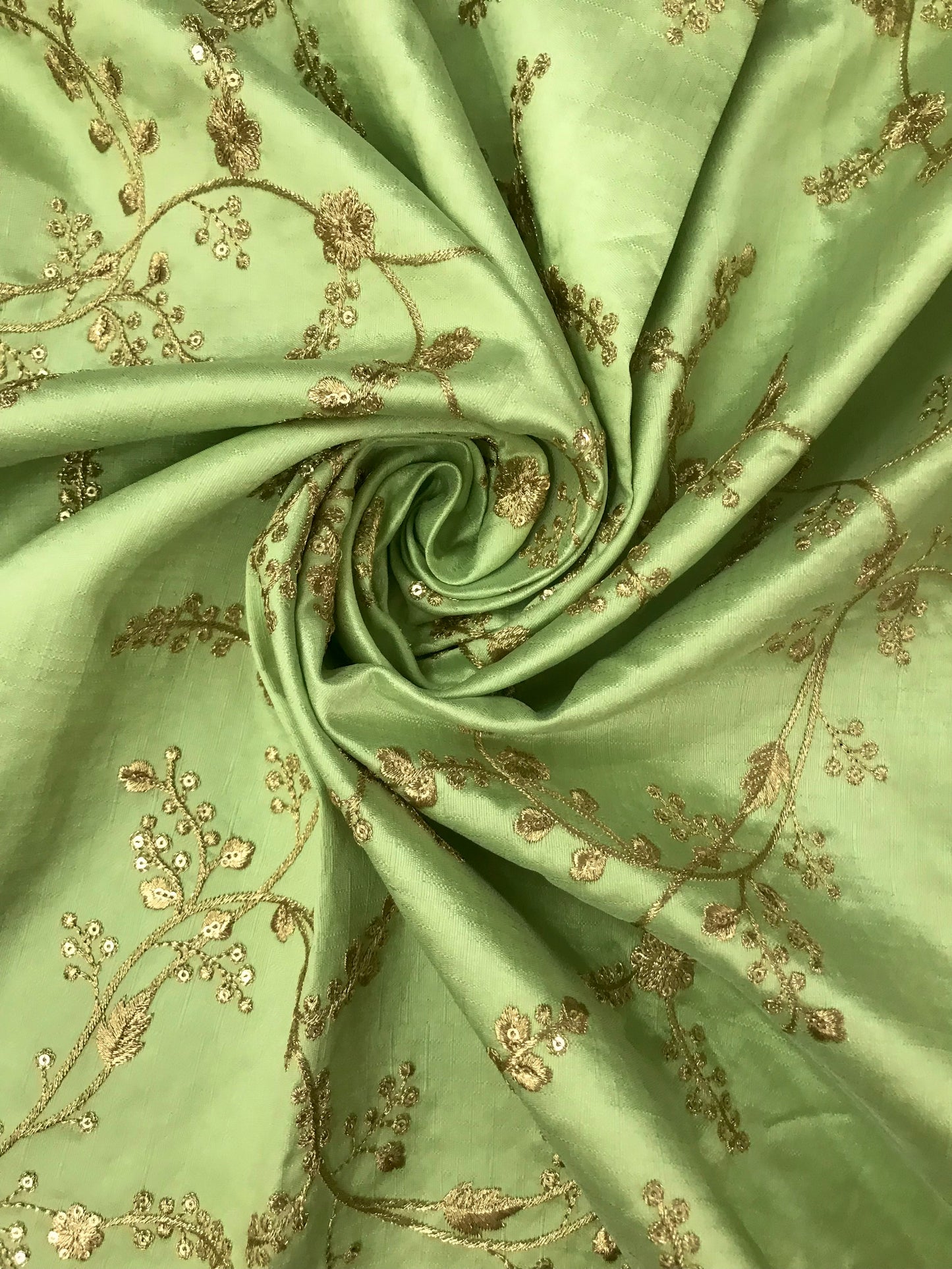 Indian Embroidered Fabric in Green and Gold Color,  Multiple lengths will come in a continuous piece - NF472