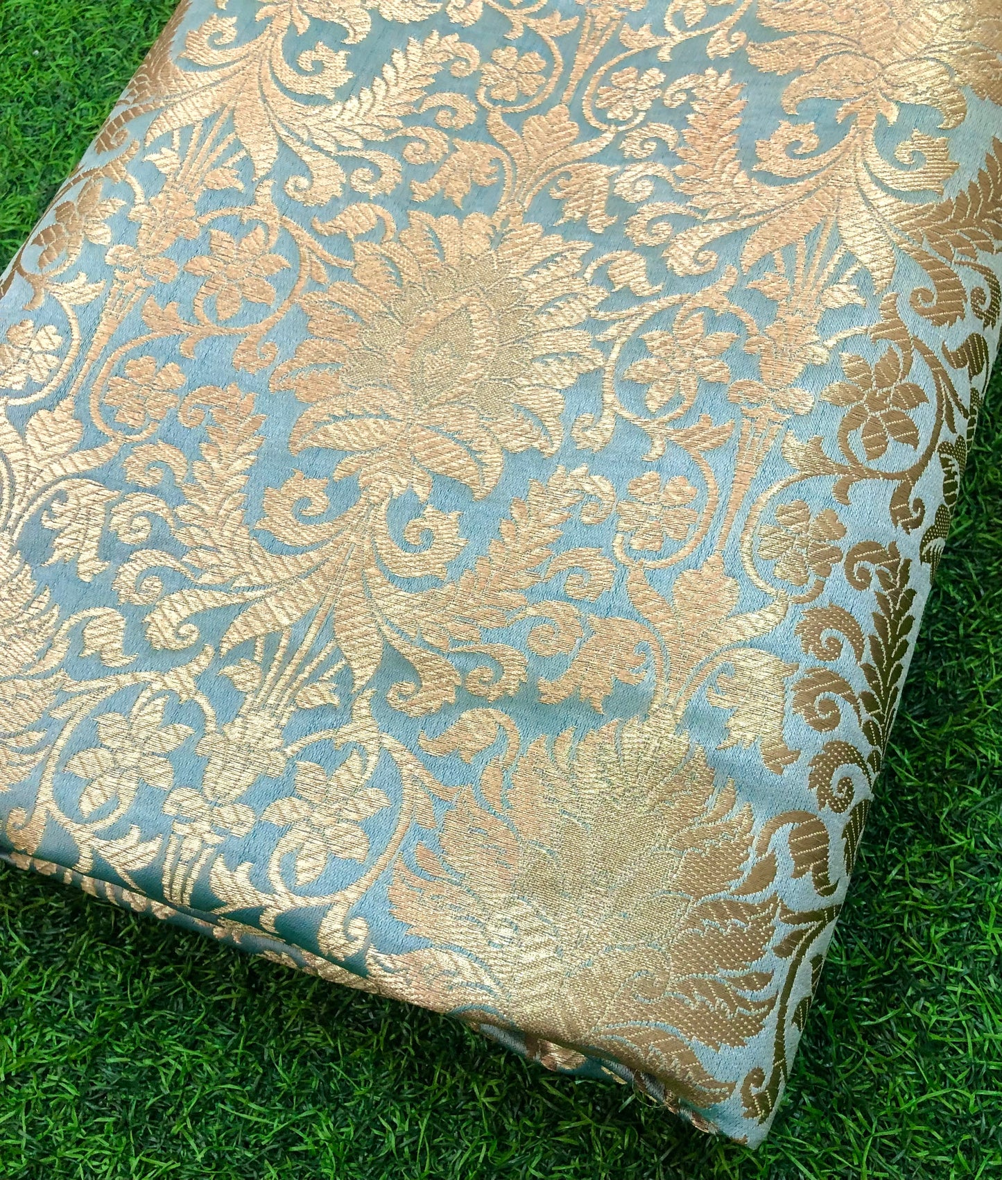 Grayish blue & gold jacquard brocade fabric, Home décor fabric, Floral brocade, Brocade Dress, party dress fabric - NFAF587