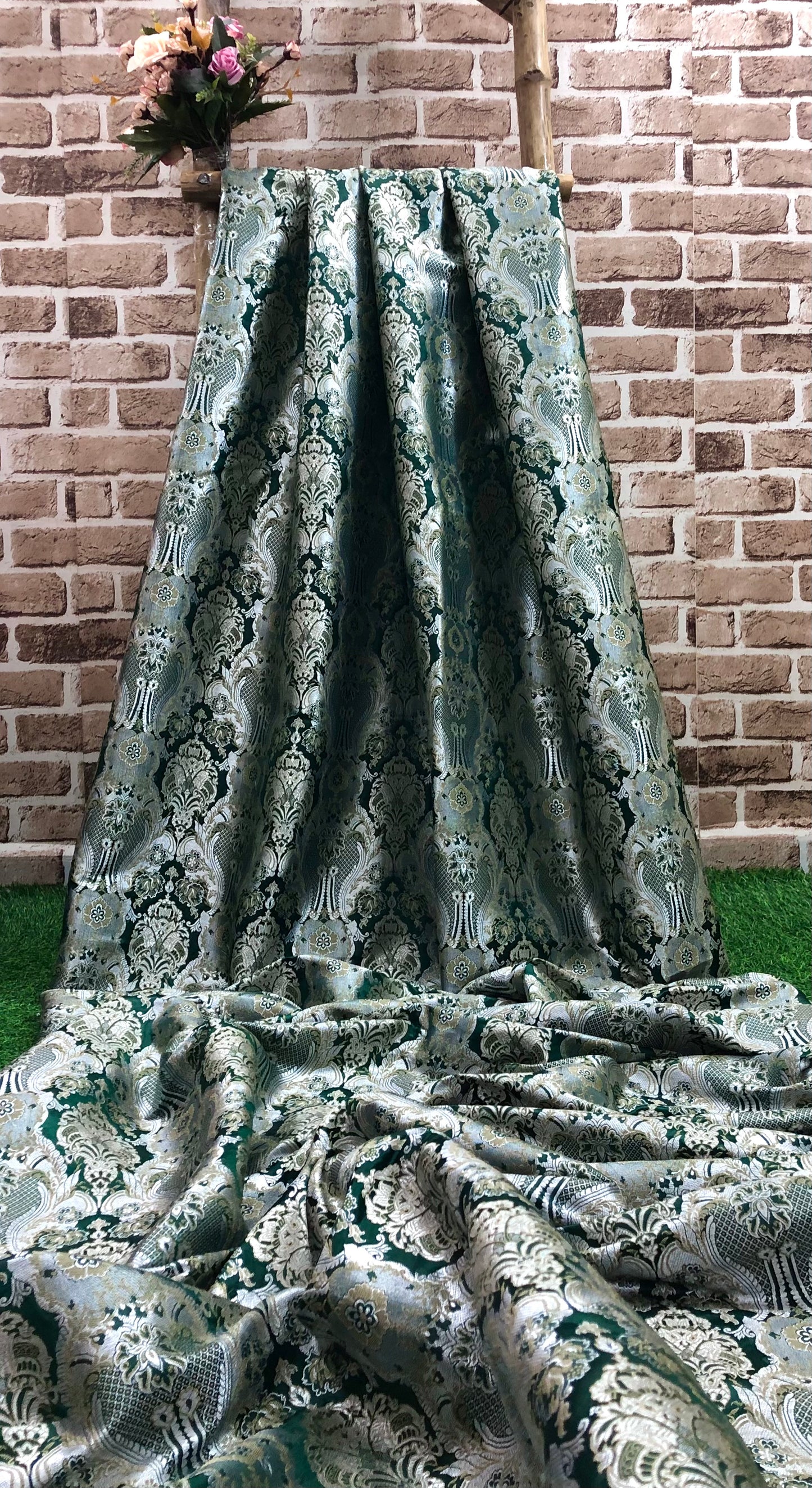 Indian Banarasi Brocade Fabric in Dark Green Silver and Gold color, Multiple lengths will come in the continuous piece - NF45