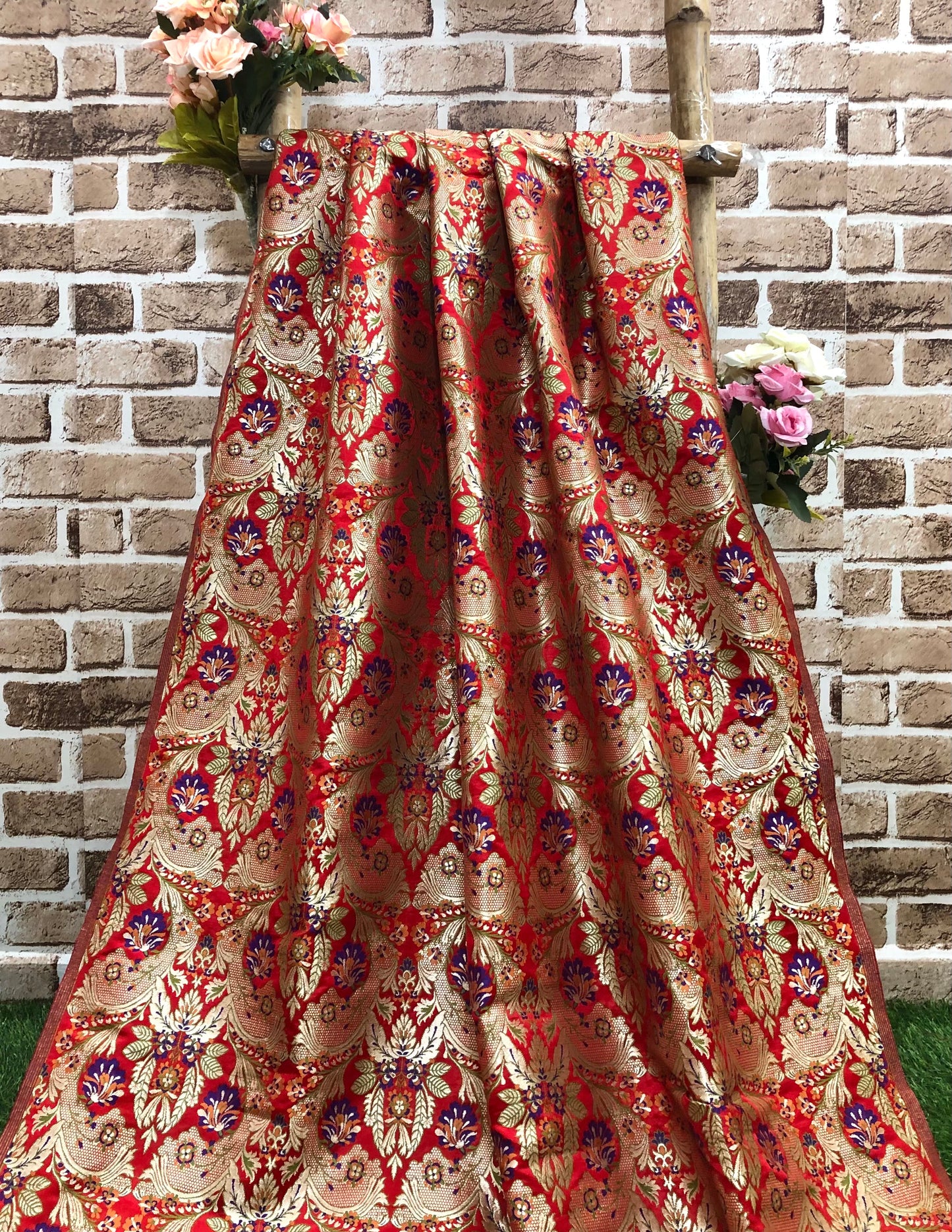 India Banarasi Brocade fabric in Red and Gold color, Multiple lengths will come in the Continuous piece - NF191