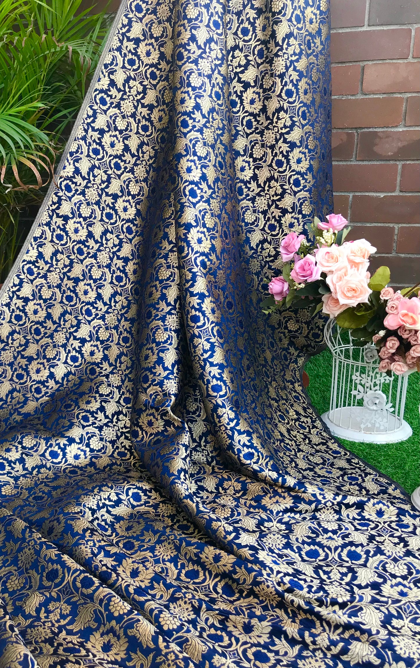 Indian Banarasi Brocade fabric in Navy Blue and Gold color, Multiple lengths will come in the continuous piece - NF635