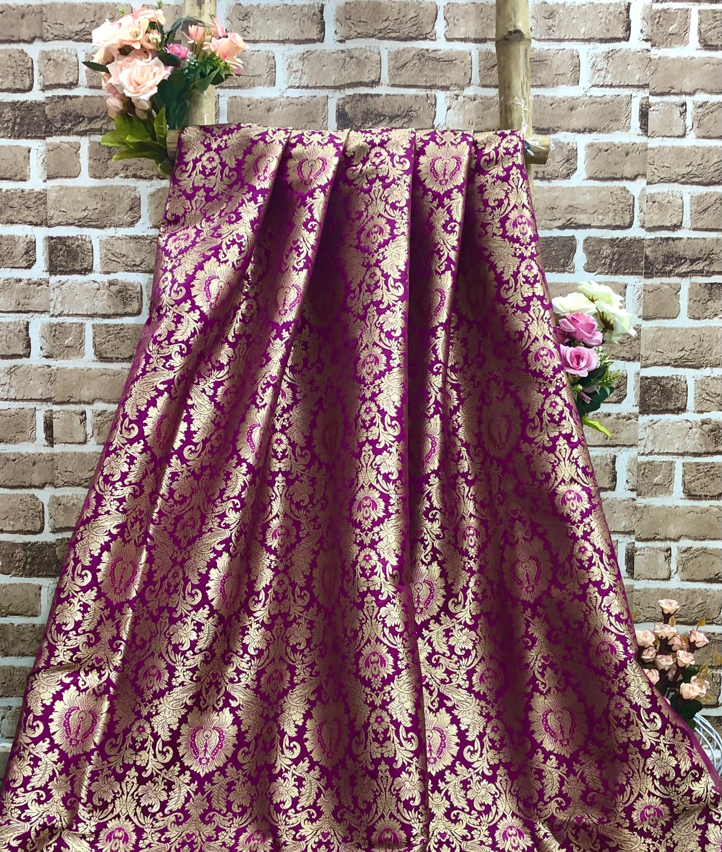 Indian Banarasi Brocade Fabric in Purple and Gold color, Multiple lengths will come in a continuous piece - NF122