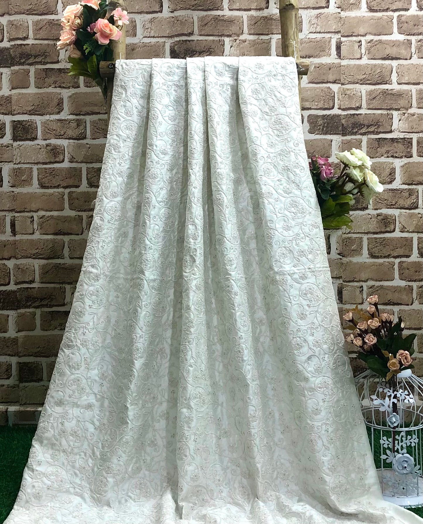 White Embroidered Fabric, Bridal Wedding Dress Fabric, Multiple lengths will come in the continuous piece - NF875