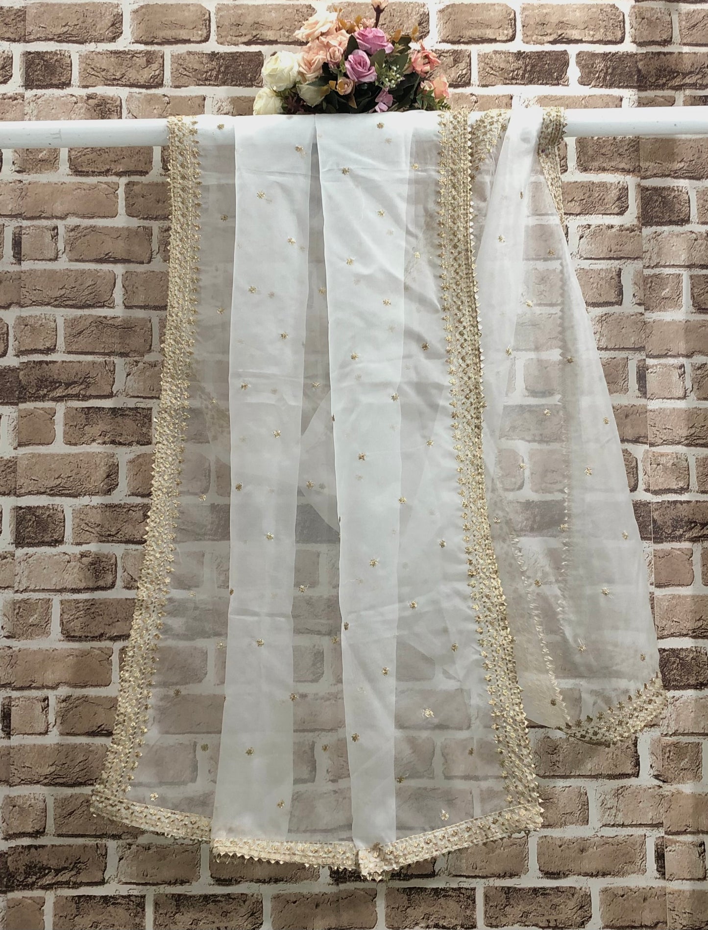 White & Gold Organza Dupatta and Sequins Embroidery, Indian Stole, Scarf for women, Bridal Wedding Fabric, Veil, DP12