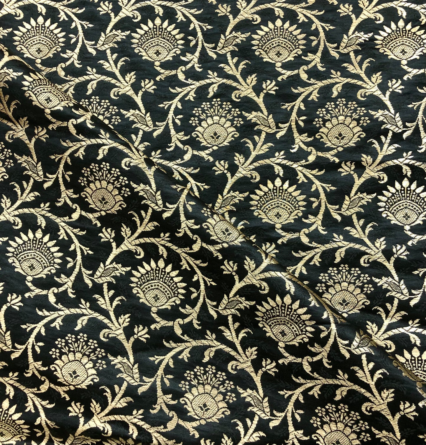 Indian Banarasi Brocade fabric in Black and Gold color, Multiple lengths will come in the continuous piece - NF631