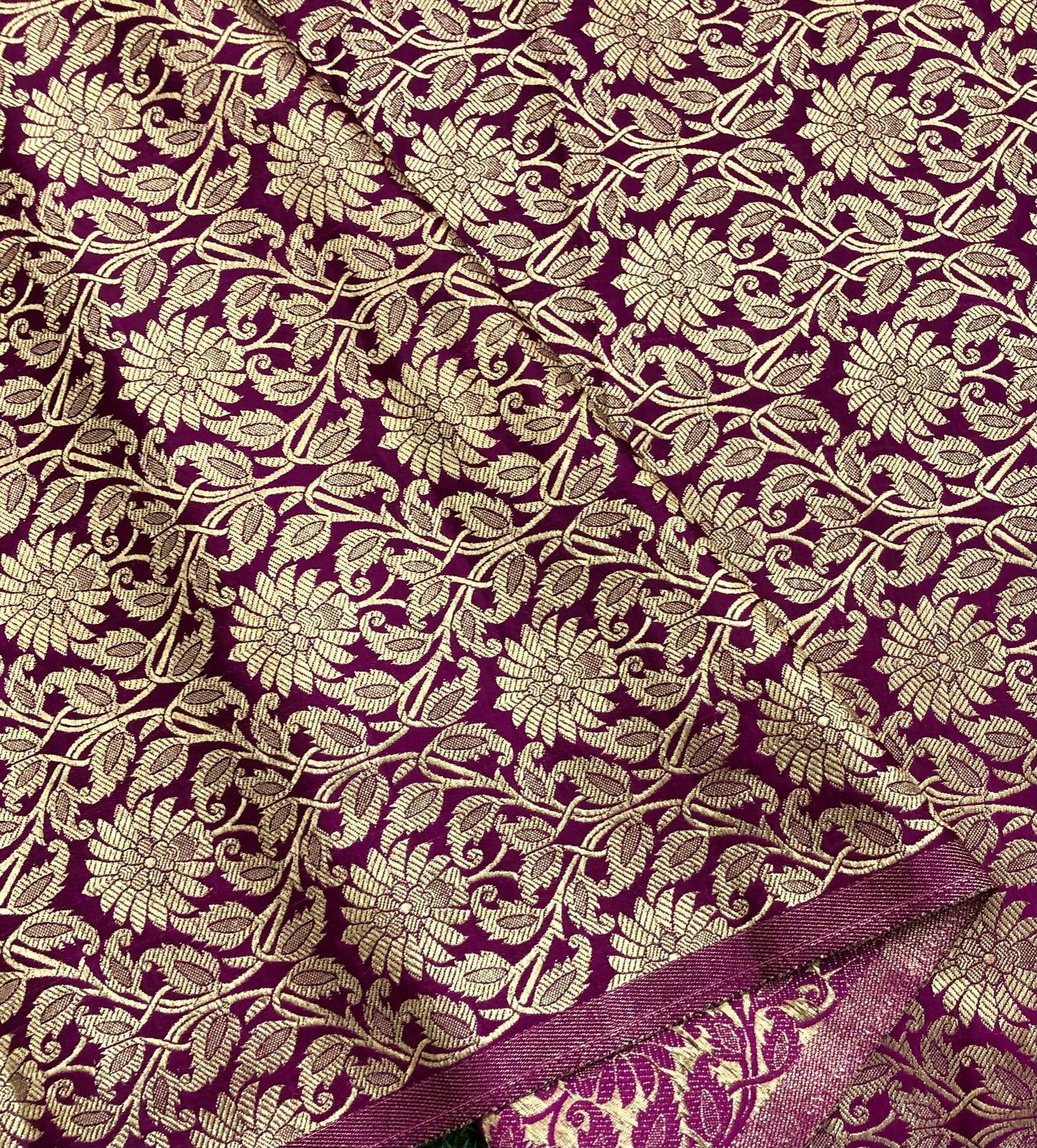 Indian Banarasi Brocade fabric in Purple and Gold color, Multiple lengths will come in the continuous piece - NF526