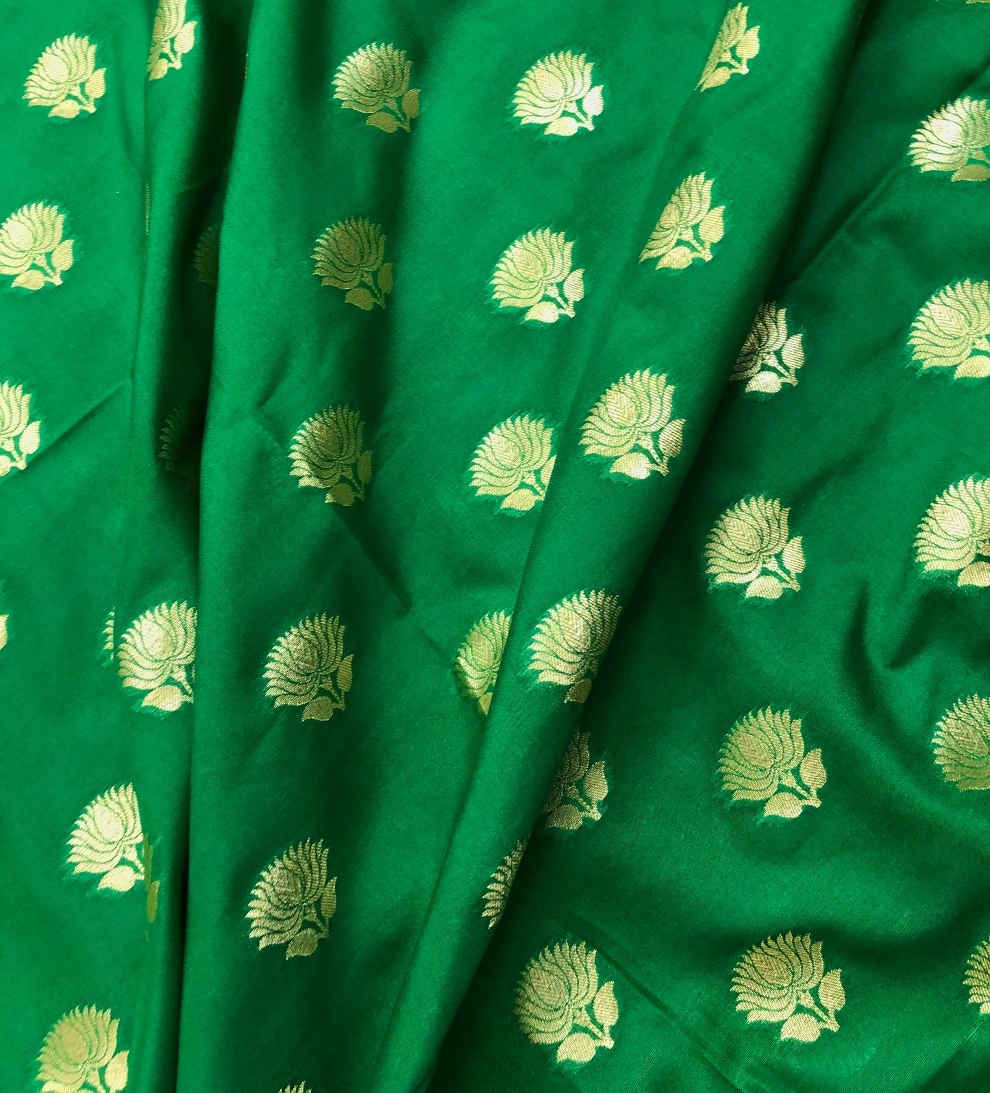 Indian Banarasi Brocade Fabric in Green and light gold color, Multiple lengths will come in the continuous Piece - NF384