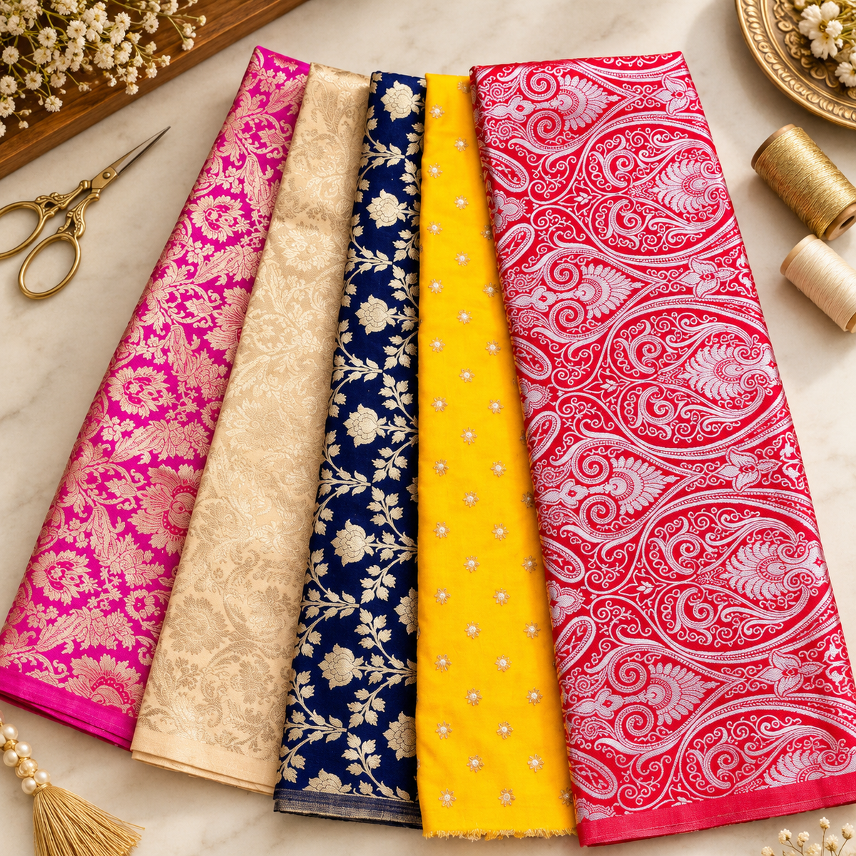 5 pcs Bundle Brocade Fabrics, assorted brocade fabric bundle, Banarasi fabric - NF02