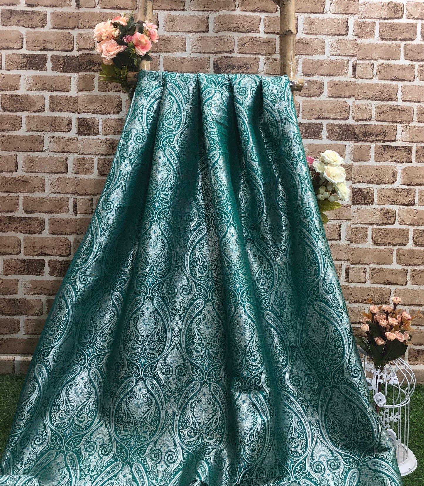 Indian Banarasi Brocade fabric in Green and Silver color, Multiple lengths will come in the continuous Piece - NF458