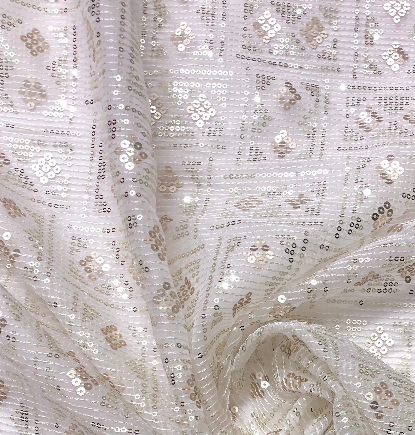 Indian Embroidered Sequins Organza Fabric in Off White color, Multiple lengths will come in the continuous piece - NF934