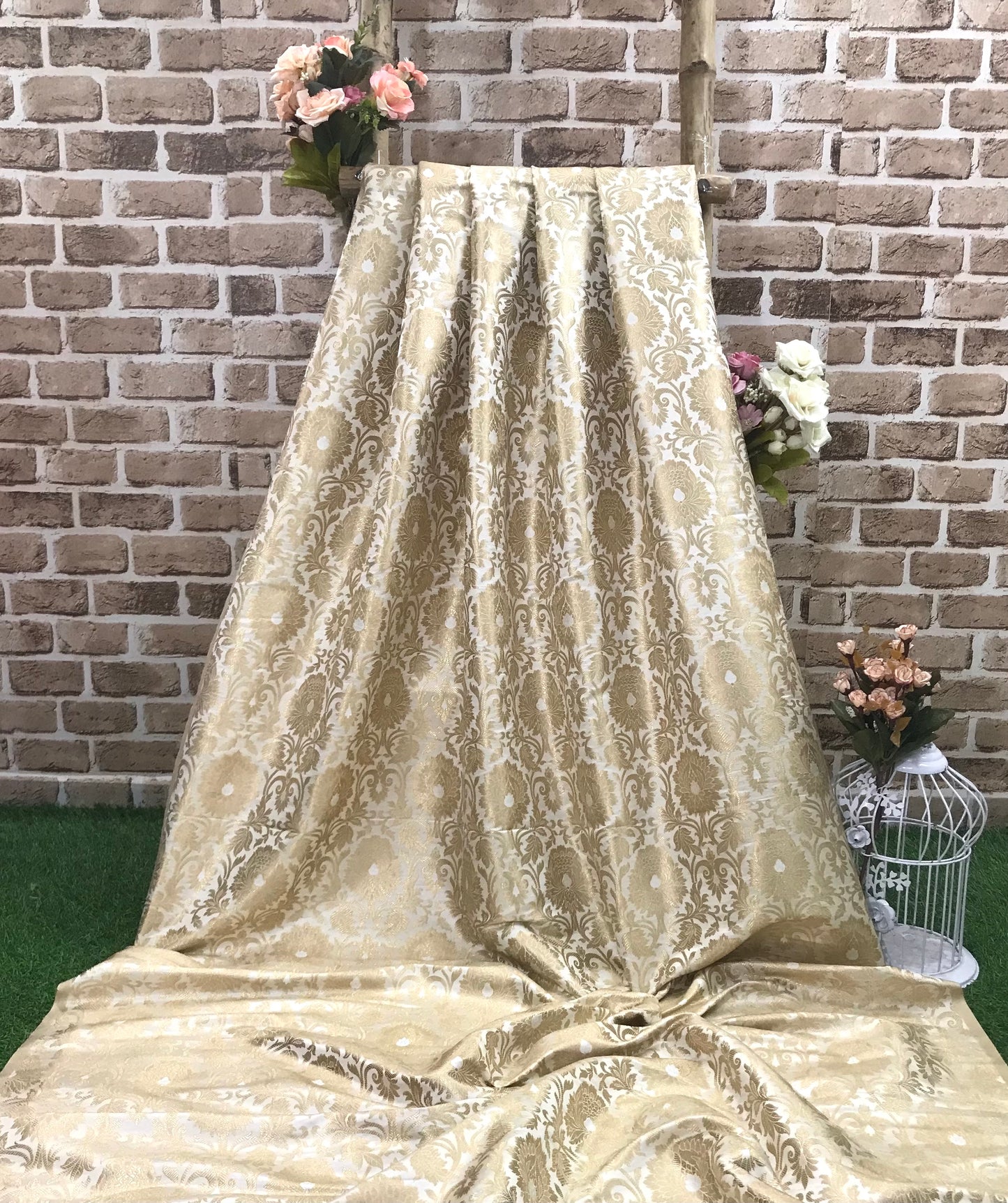 Indian Banarasi Brocade Fabric in Champagne and Gold color, Multiple lengths will come in the continuous piece - NF904