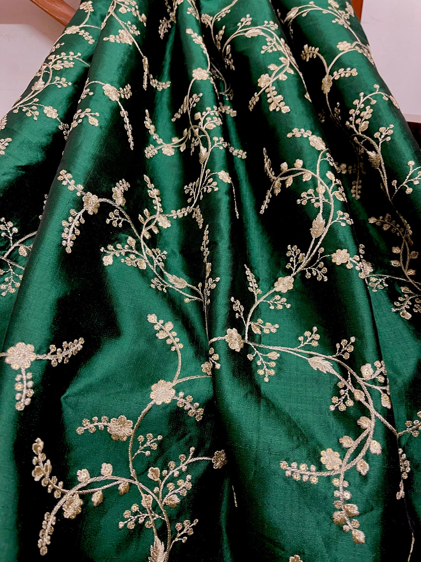 Indian Embroidered Fabric in Green and Gold color, Multiple lengths will come in a continuous piece - NF696