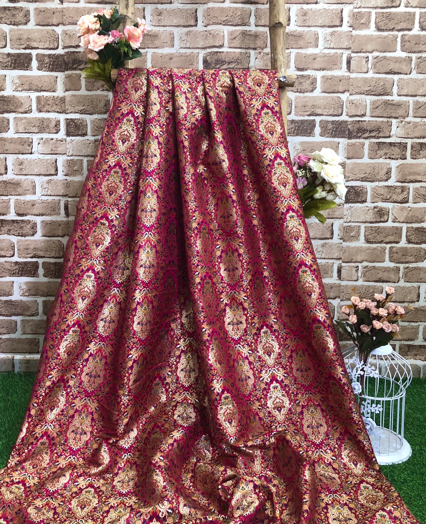 Indian Banarasi Brocade Fabric in Hot Pink and Gold color, Multiple lengths will come in the continuous Piece - NF512