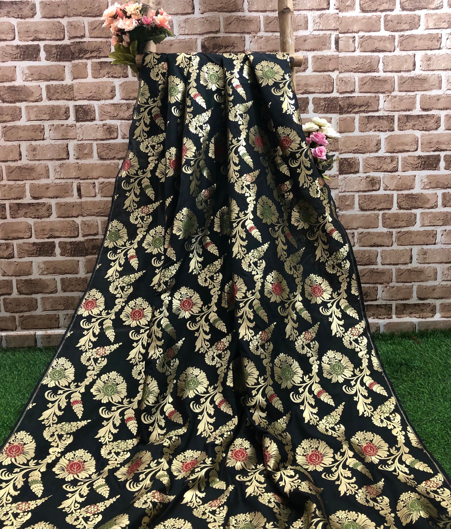 Indian Banarasi Brocade Fabric in Black and Gold color, Multiple lengths will come in the continuous piece - NF401